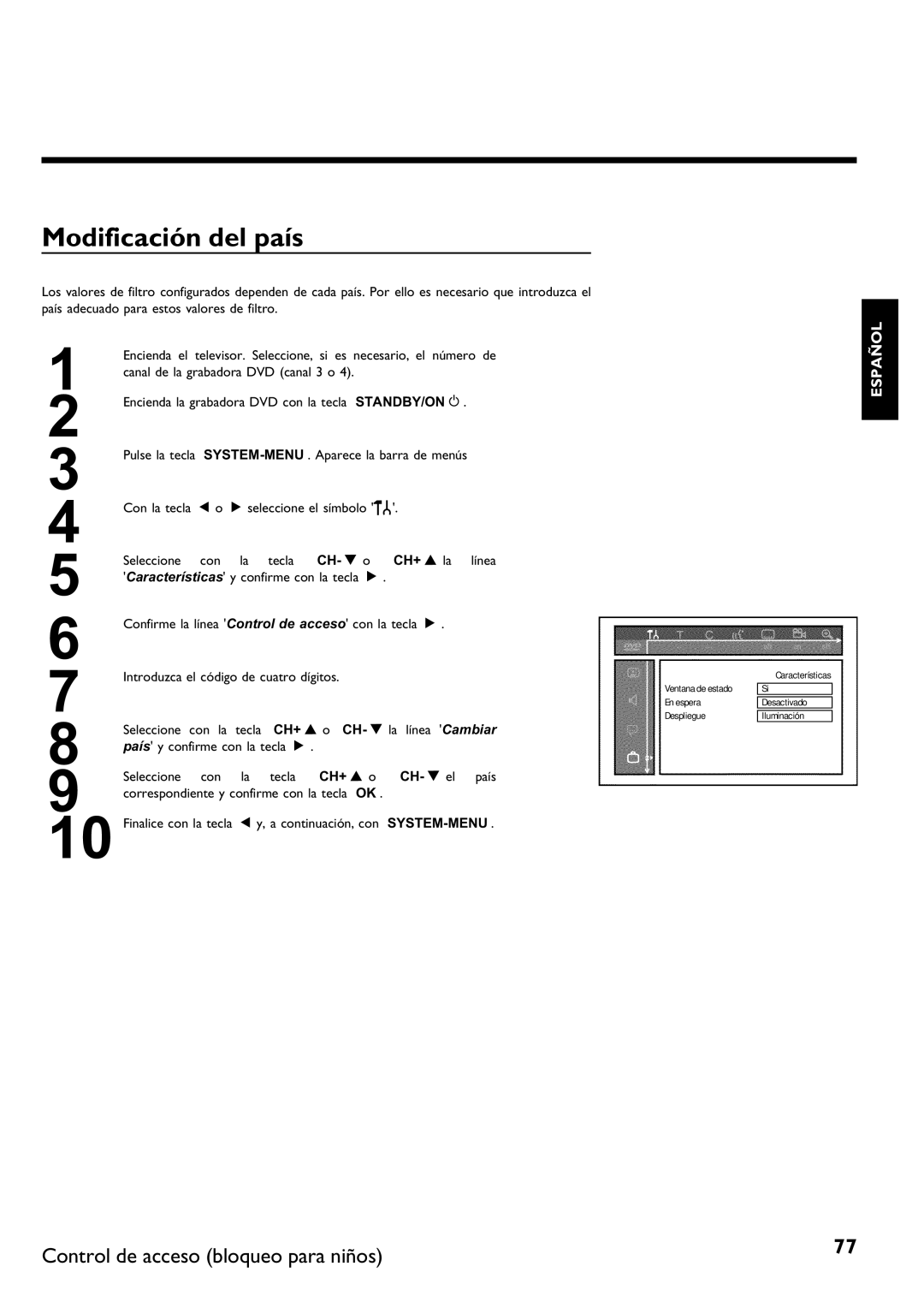 Philips DVDR 75 manual Modificación del país, A continuación, con 