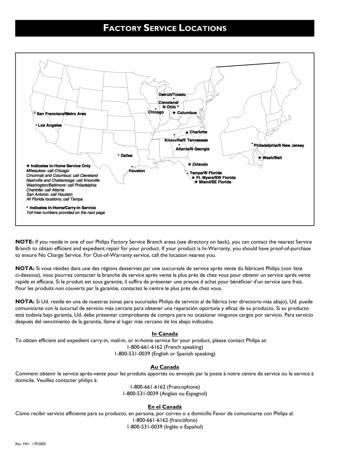 Philips DVDR 75 manual Factory Service Locations 