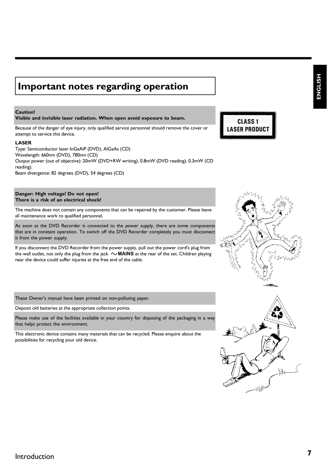 Philips DVDR 75 manual Important notes regarding operation, There is a risk of an electrical shock 