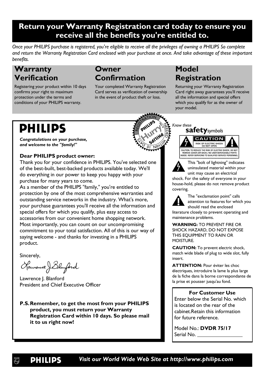 Philips DVDR 75 manual Warranty Owner Model Verification Confirmation Registration, Dear Philips product owner 