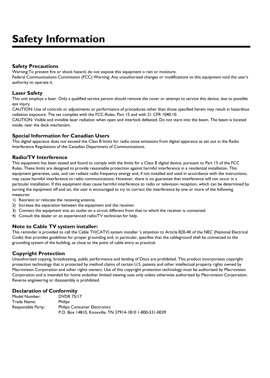 Philips DVDR 75 manual Safety Information 