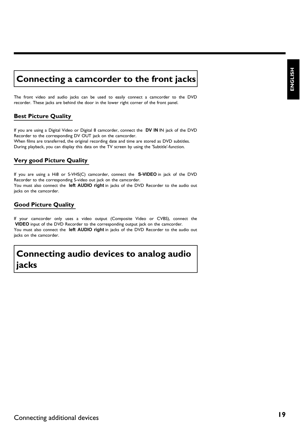 Philips DVDR 75 manual Connecting a camcorder to the front jacks, Connecting audio devices to analog audio jacks 