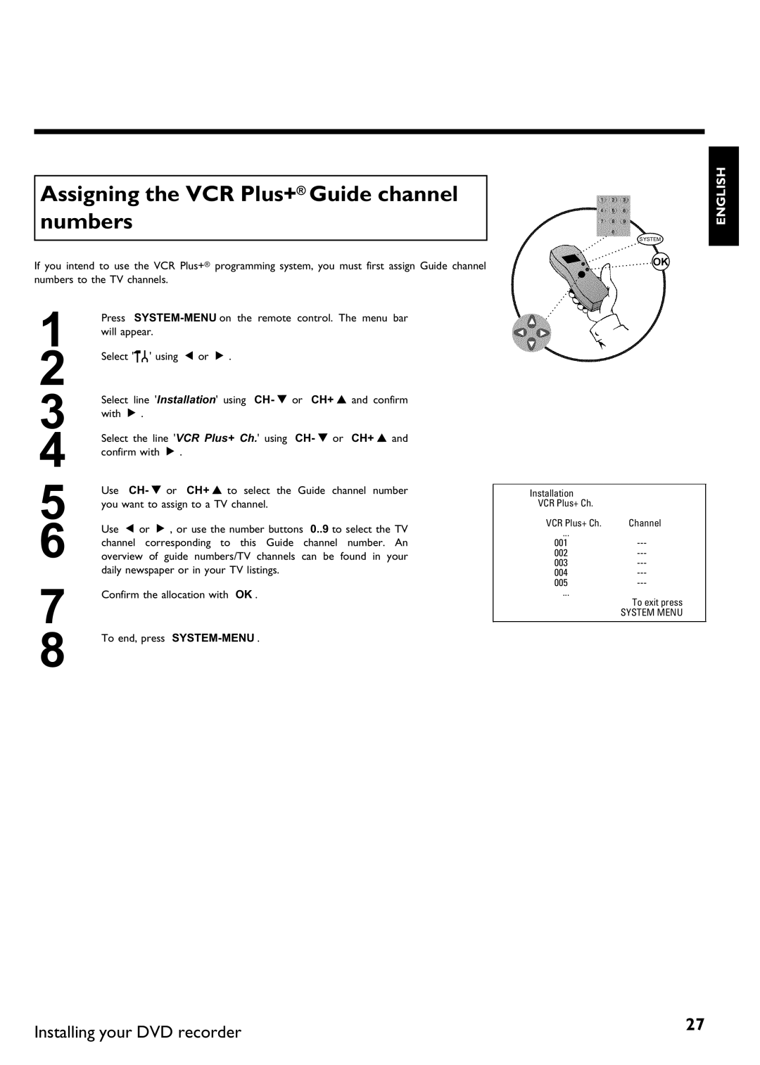 Philips DVDR 75 manual Assigning the VCR Plus+ Guide channel numbers 