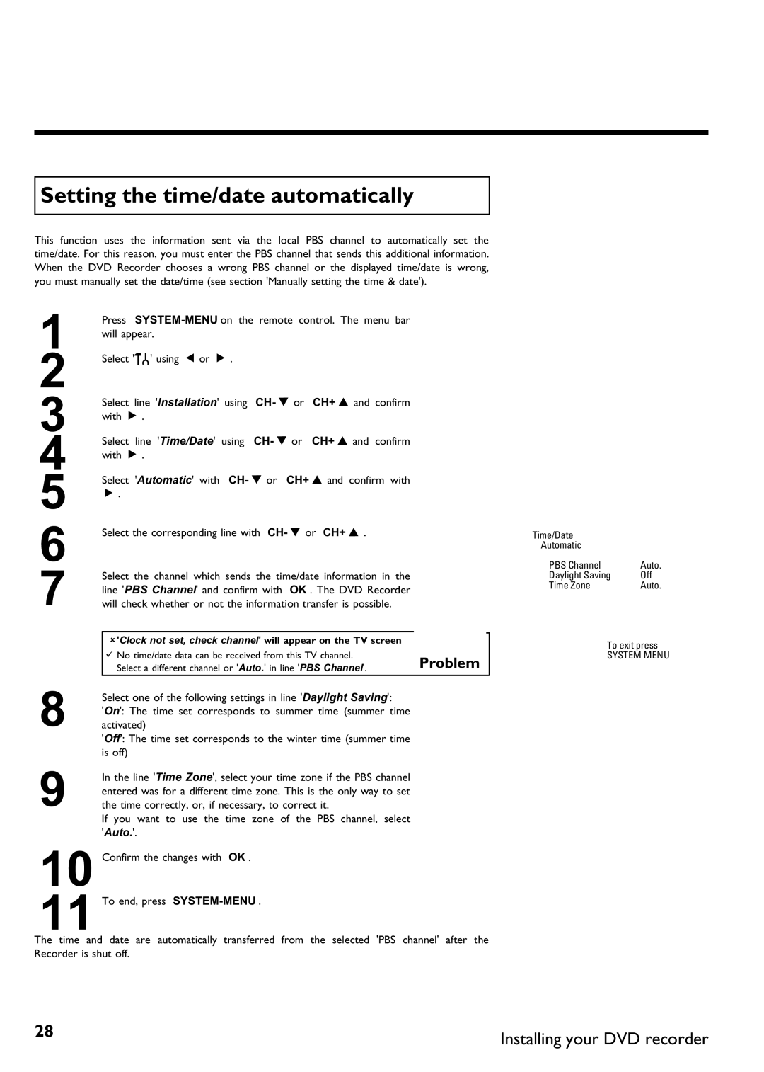 Philips DVDR 75 manual Setting the time/date automatically, Clock not set, check channel will appear on the TV screen 