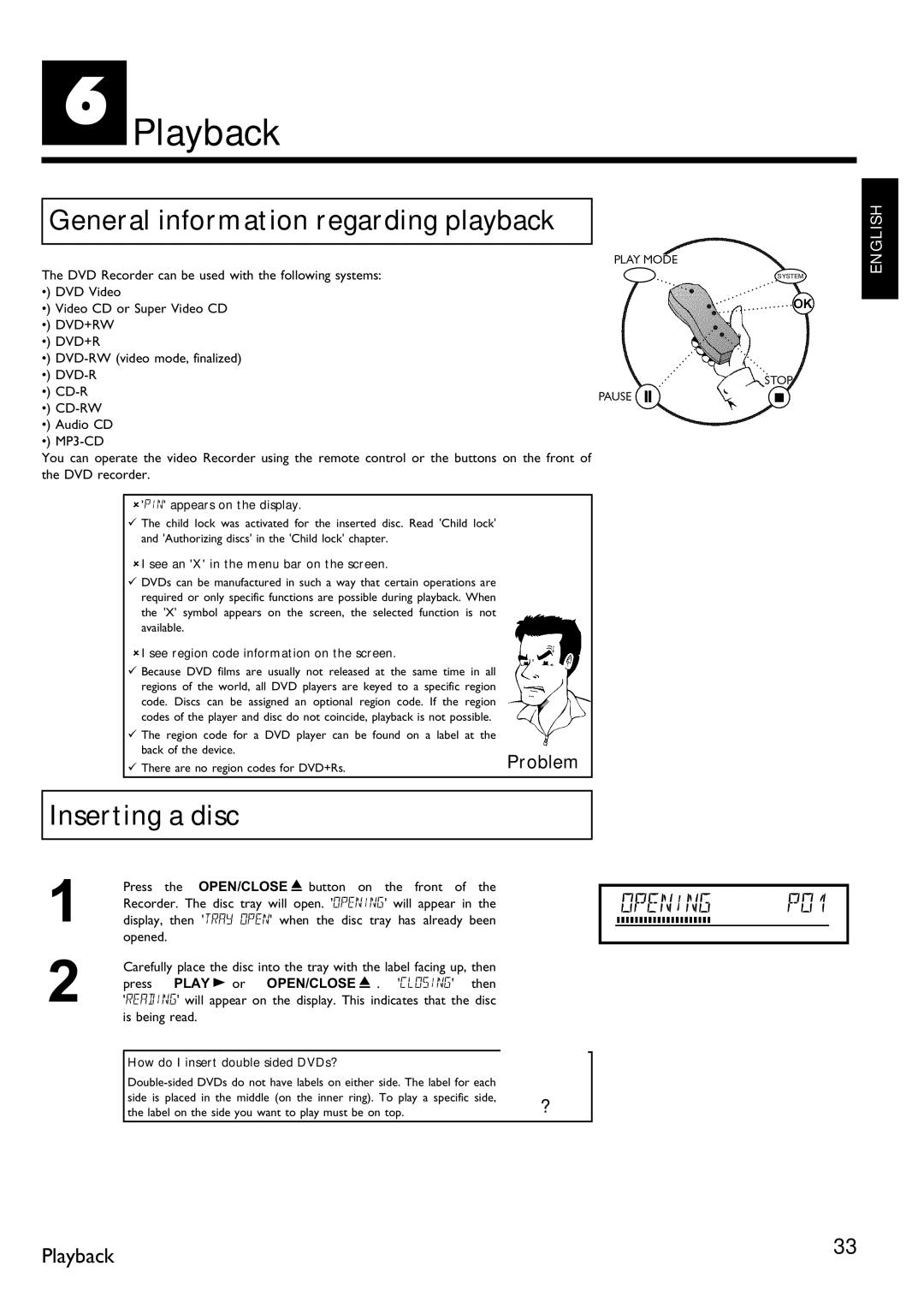 Philips DVDR 75 manual FPlayback, General information regarding playback, Inserting a disc, Play G or OPEN/CLOSE J 