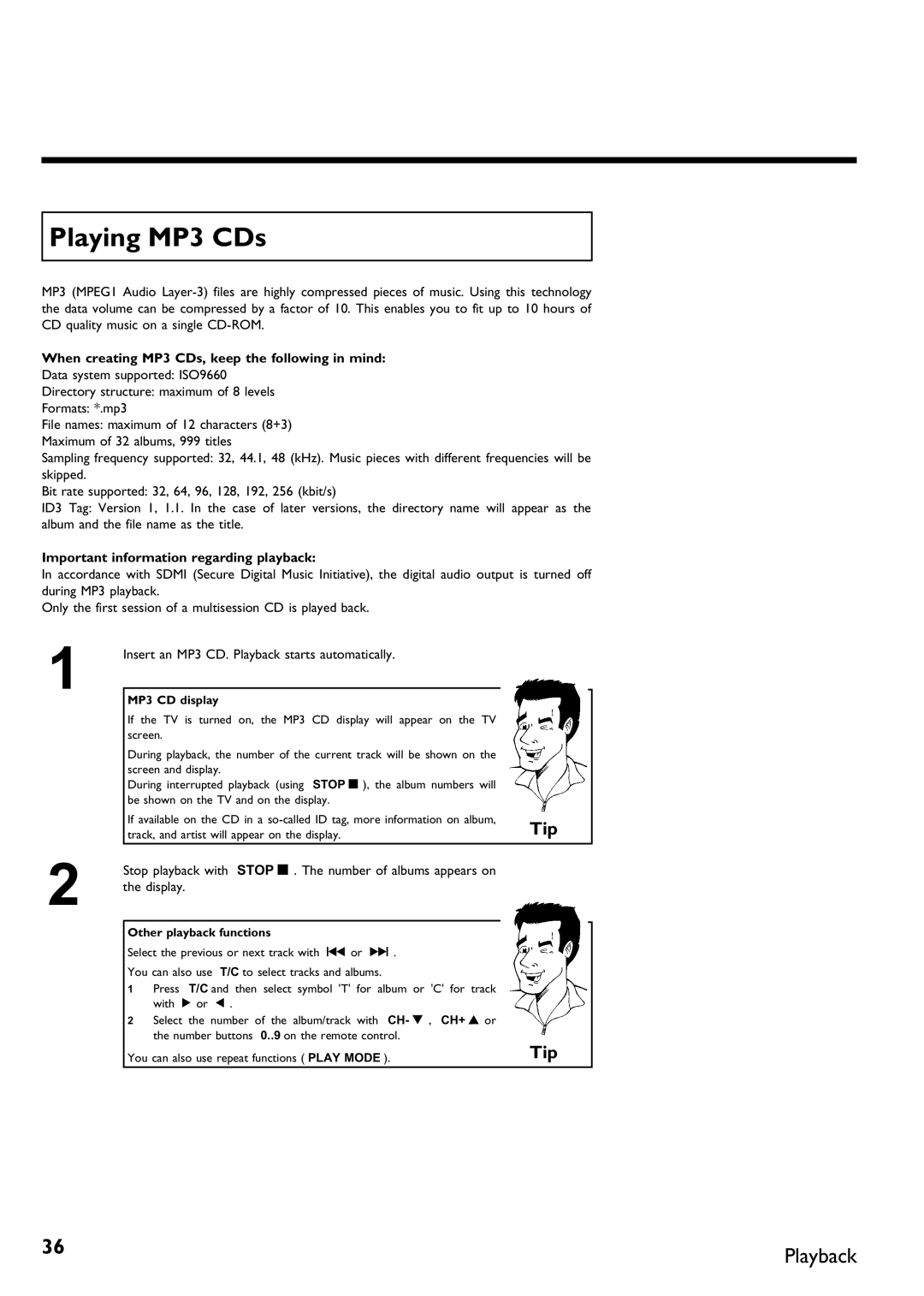 Philips DVDR 75 manual Playing MP3 CDs, When creating MP3 CDs, keep the following in mind, Display 