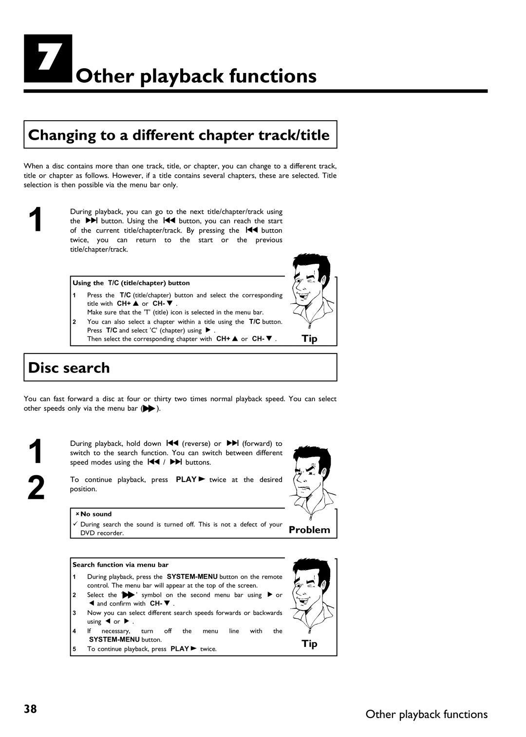 Philips DVDR 75 manual GOther playback functions, Changing to a different chapter track/title, Disc search, Play G twice 