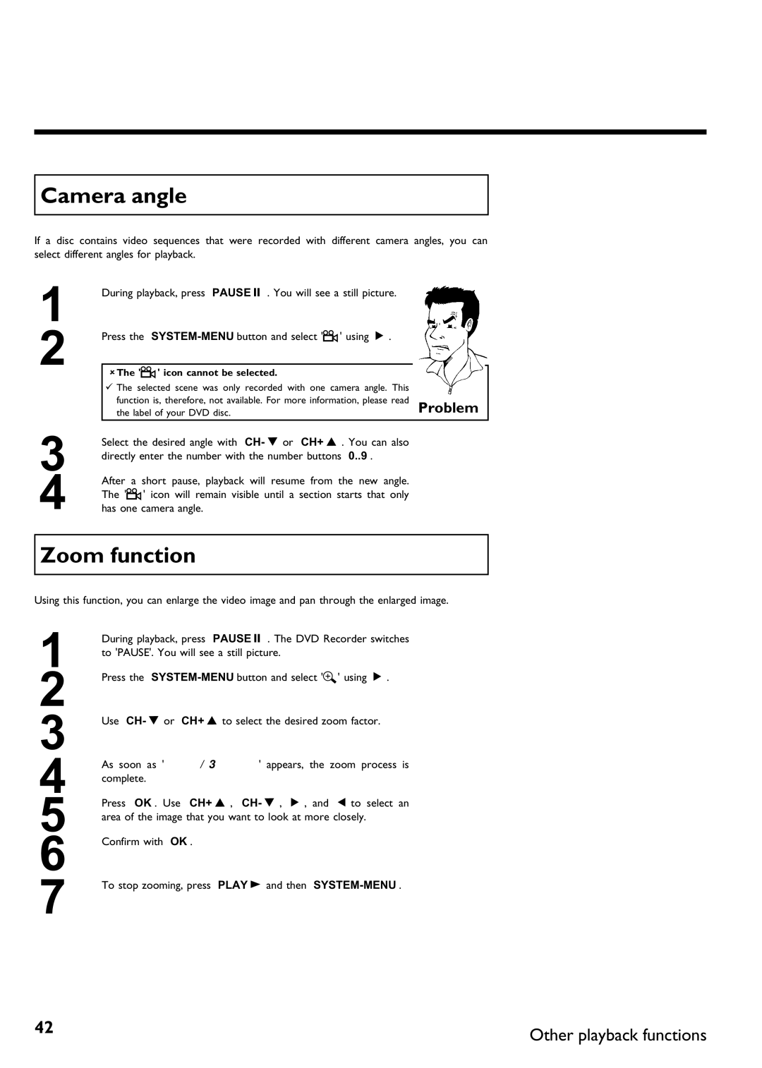 Philips DVDR 75 manual Camera angle, Zoom function, AThe F icon cannot be selected 