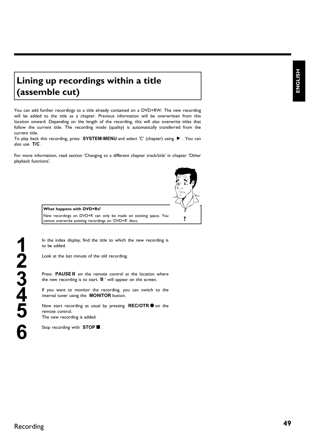 Philips DVDR 75 manual Lining up recordings within a title assemble cut 