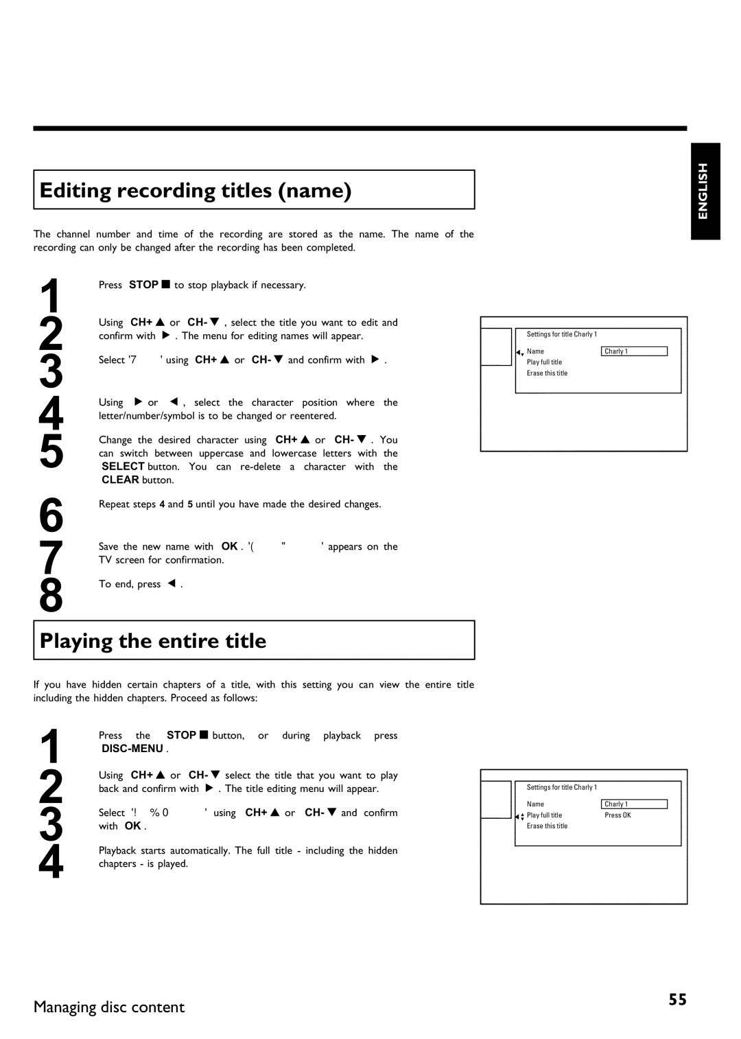 Philips DVDR 75 manual Editing recording titles name, Playing the entire title 