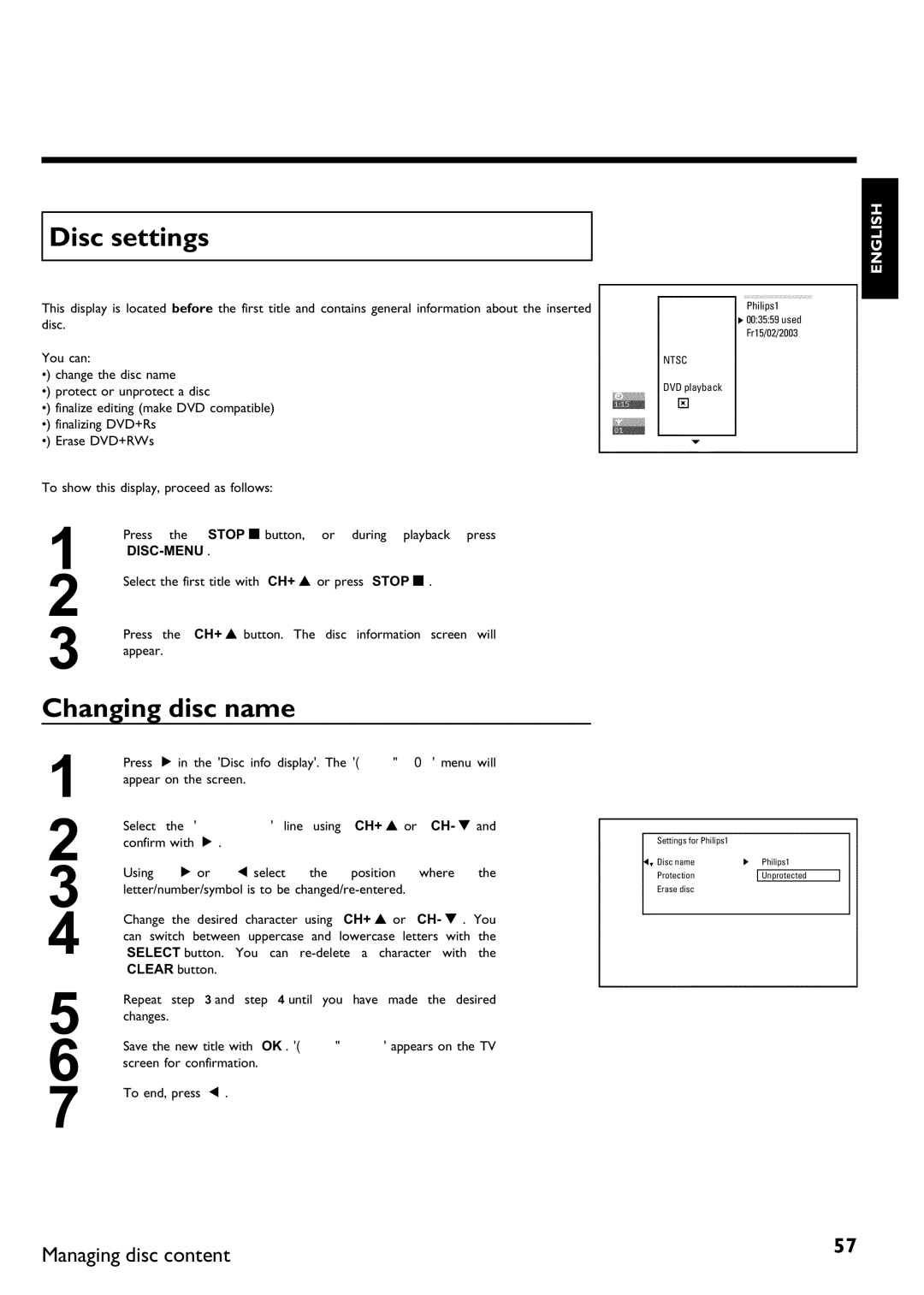 Philips DVDR 75 manual Disc settings, Changing disc name 