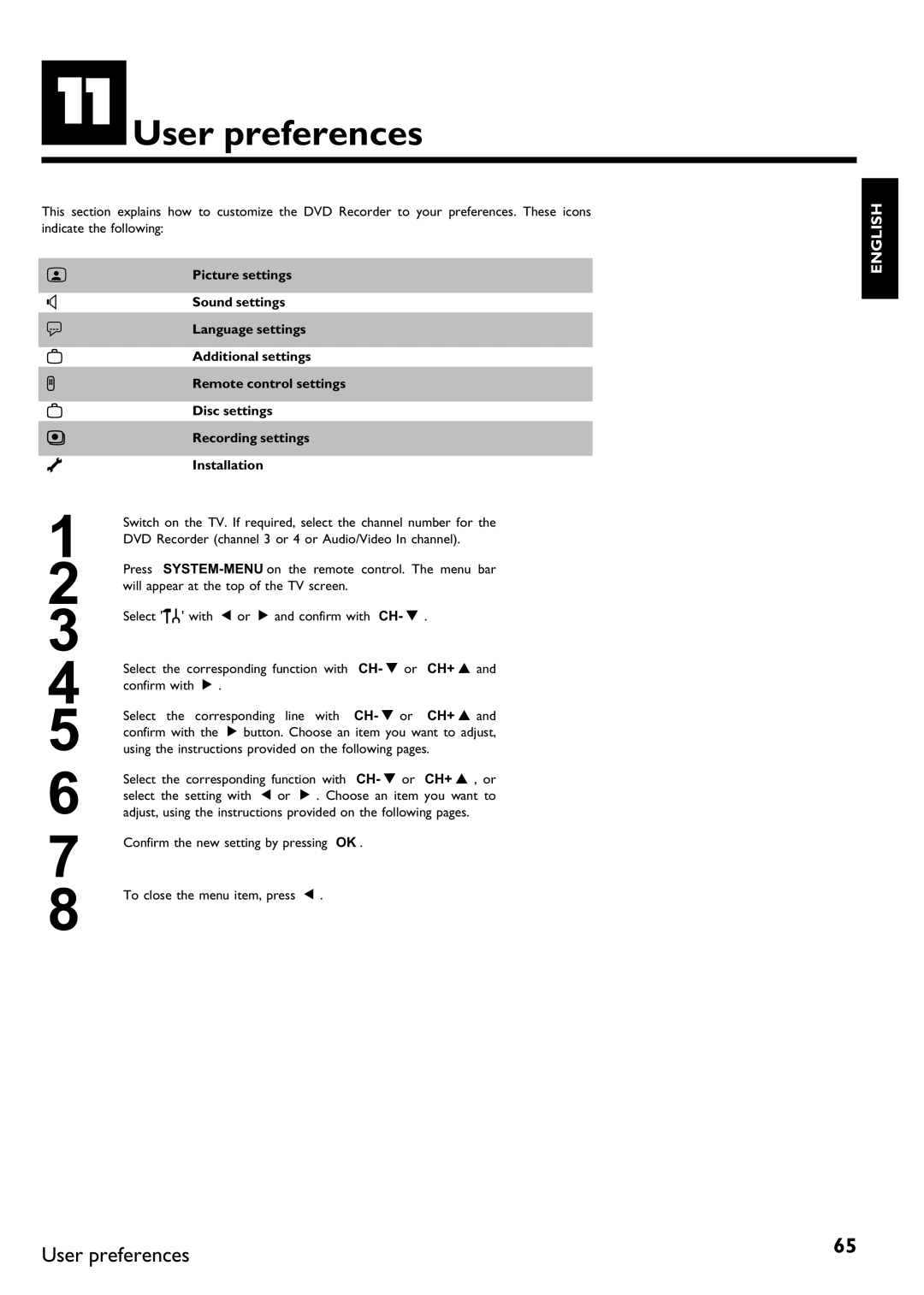 Philips DVDR 75 manual KUser preferences 