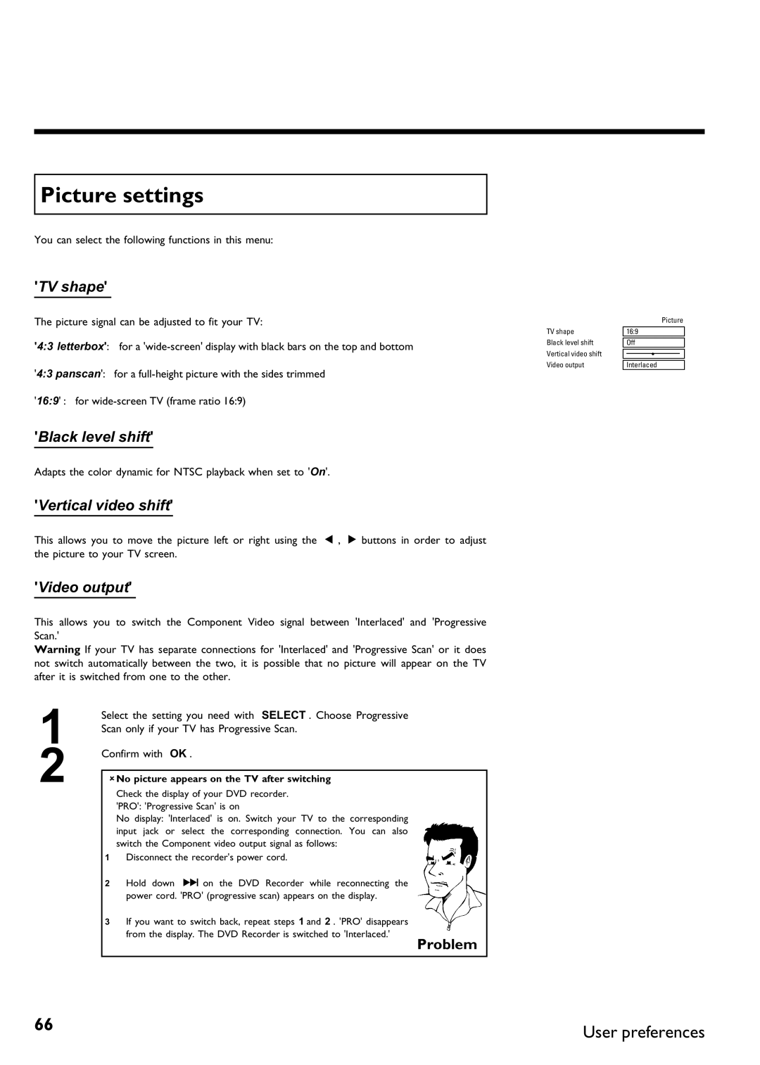 Philips DVDR 75 manual Picture settings, TV shape, Black level shift, Vertical video shift, Video output 