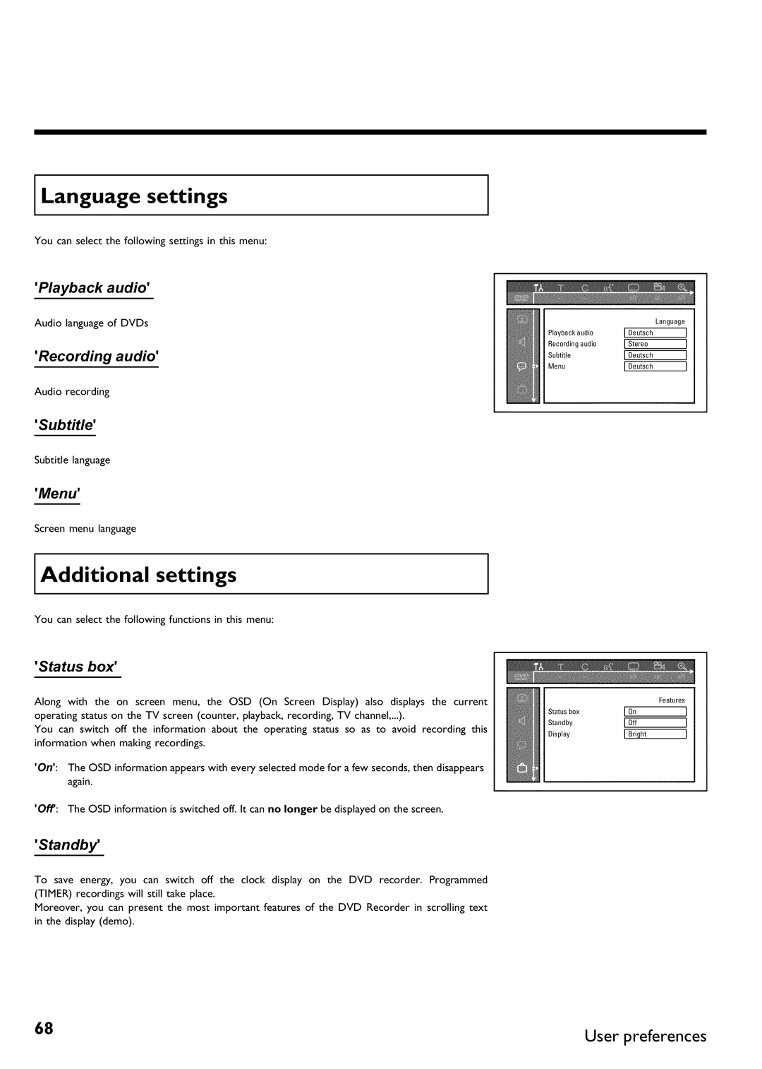 Philips DVDR 75 manual Language settings, Additional settings 