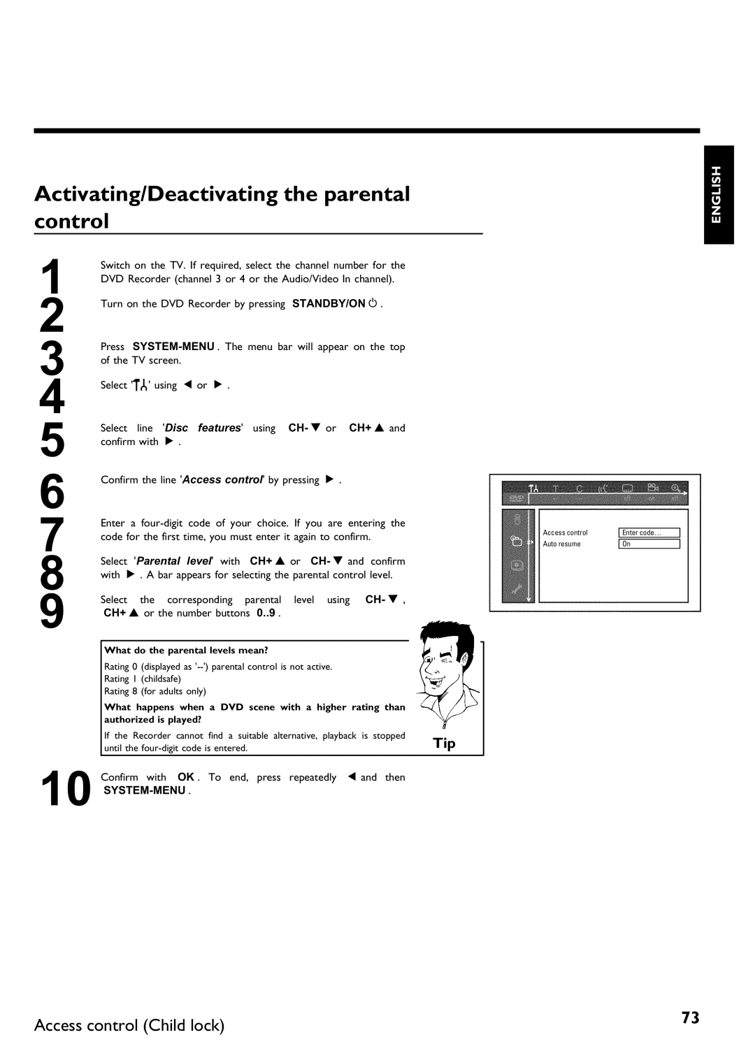 Philips DVDR 75 manual Activating/Deactivating the parental control, Number buttons, What do the parental levels mean? 