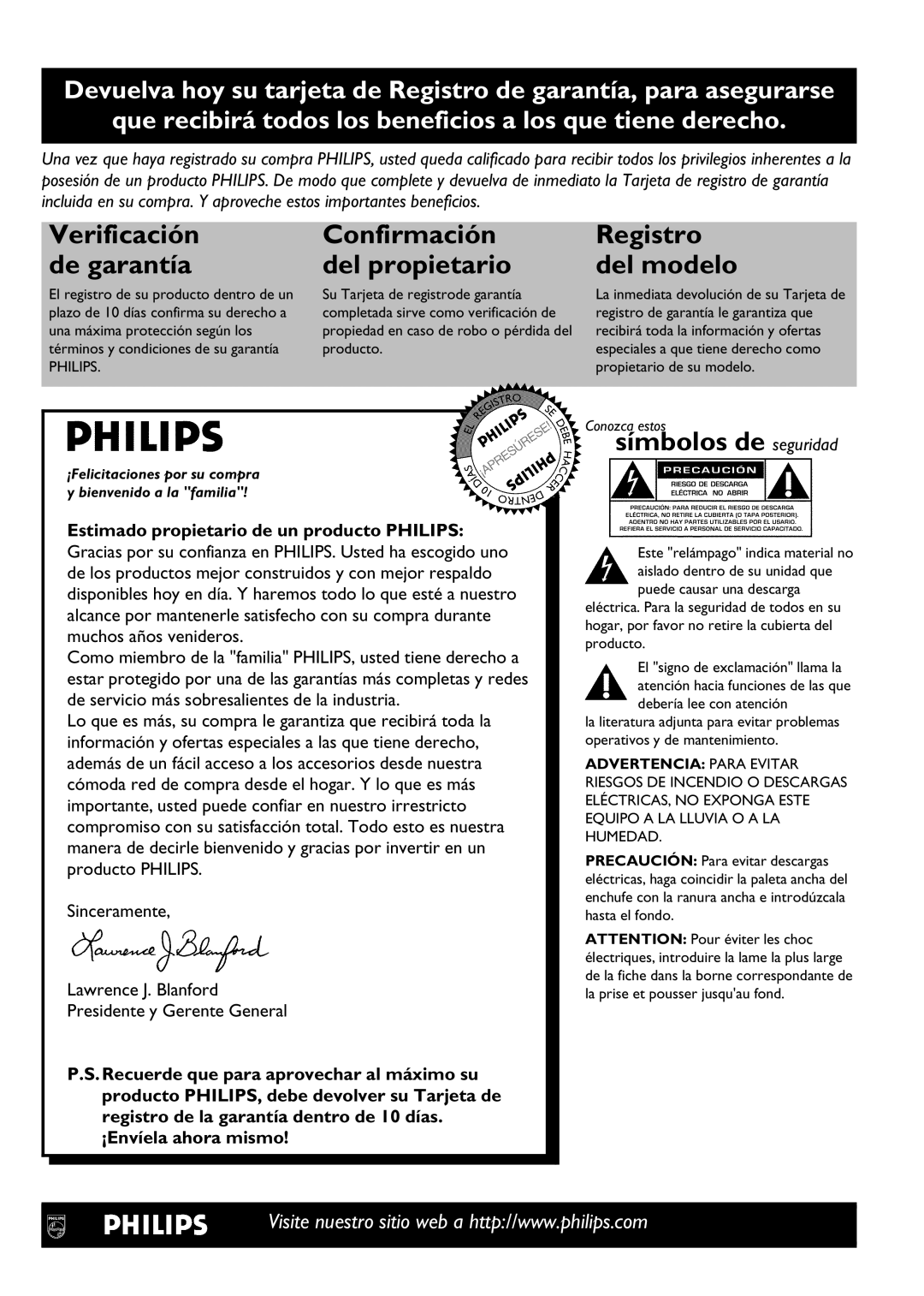 Philips DVDR 75 manual Símbolos de seguridad, La inmediata devolución de su Tarjeta de 