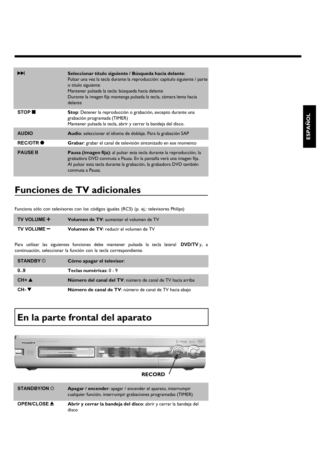 Philips DVDR 75 manual Funciones de TV adicionales, En la parte frontal del aparato 