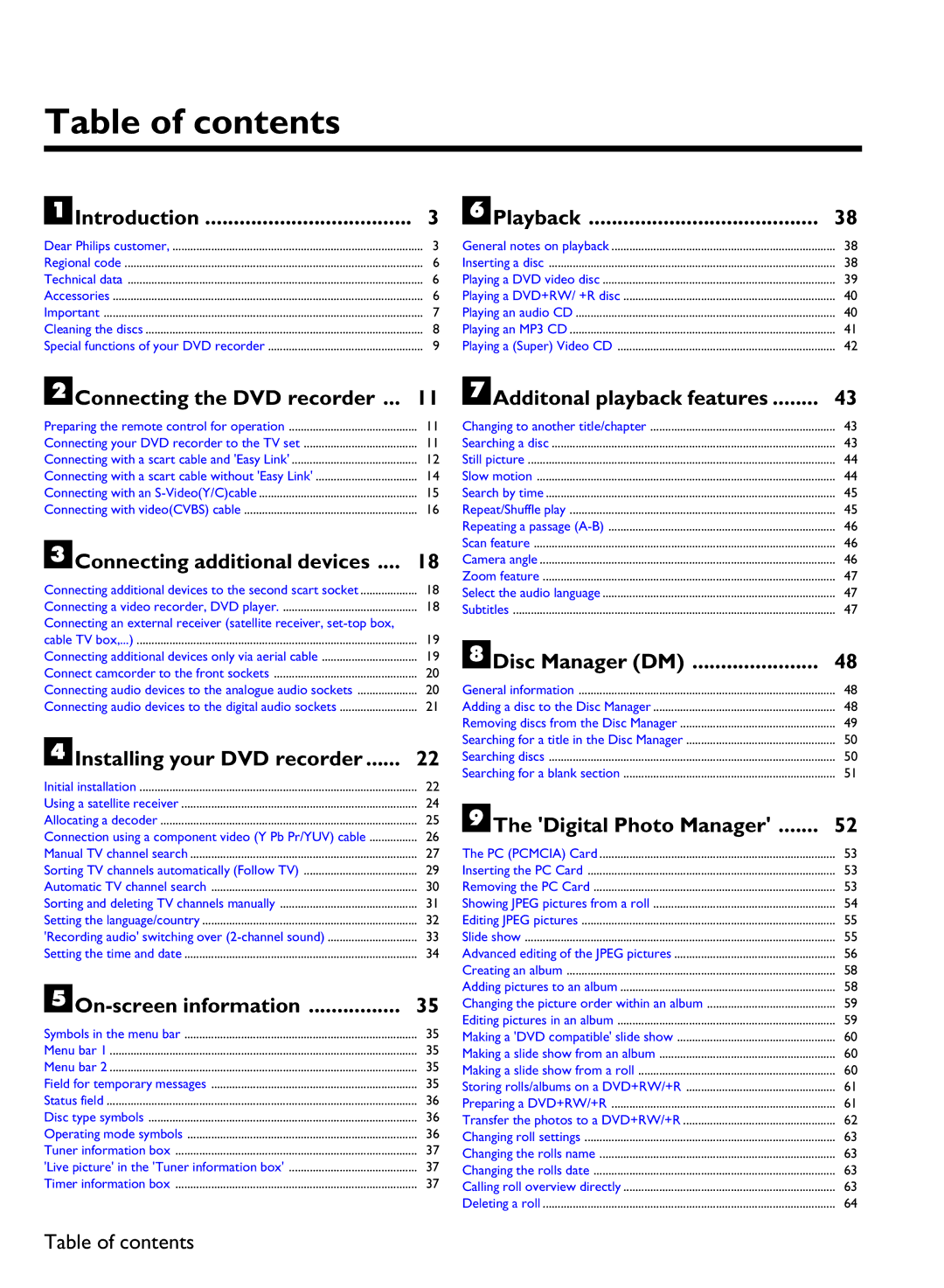 Philips DVDR 77/00, DVDR 77/02 manual Table of contents 