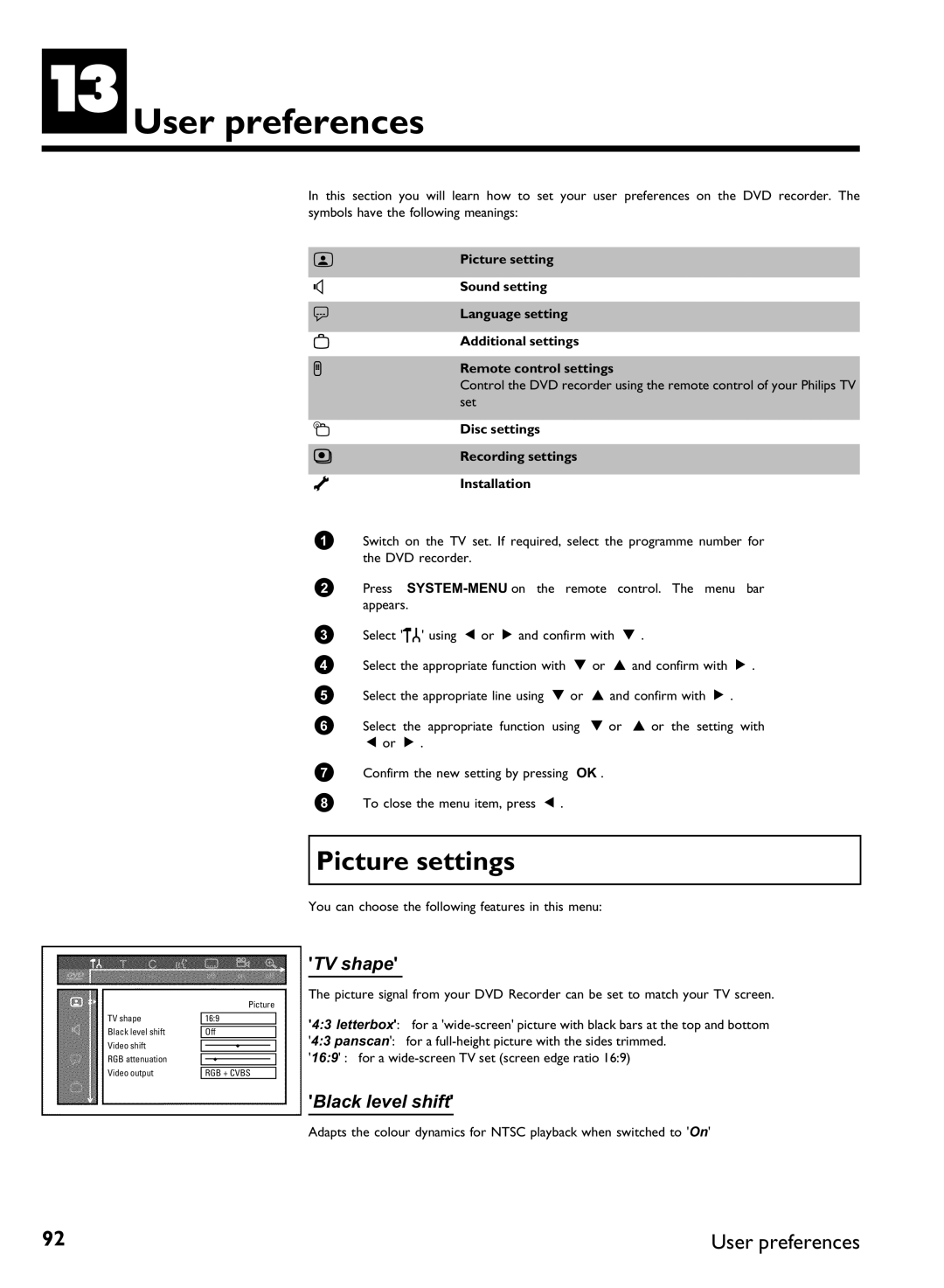 Philips DVDR 77/02, DVDR 77/00 manual MUser preferences, Picture settings, TV shape, Black level shift 