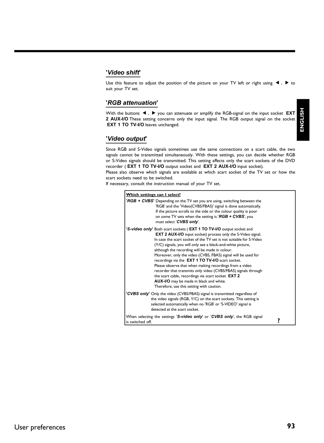 Philips DVDR 77/00, DVDR 77/02 manual Video shift, RGB attenuation, Video output, Which settings can I select? 