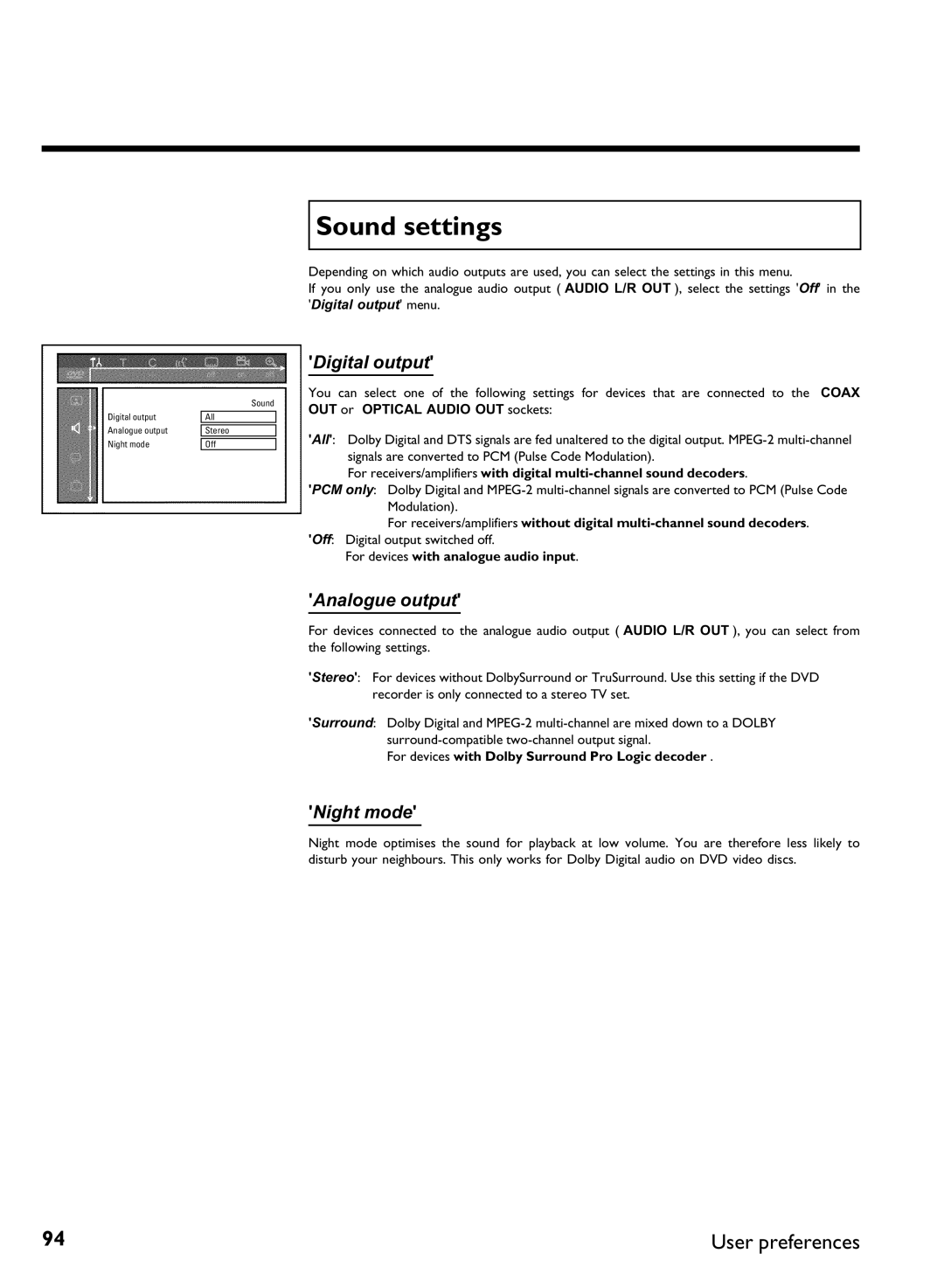 Philips DVDR 77/02, DVDR 77/00 manual Sound settings, Digital output, Analogue output, Night mode 