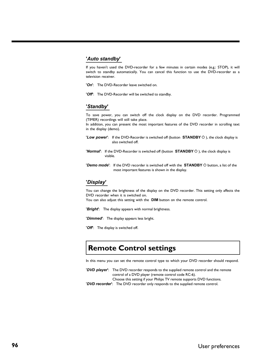 Philips DVDR 77/02, DVDR 77/00 manual Remote Control settings, Auto standby, Standby, Display 