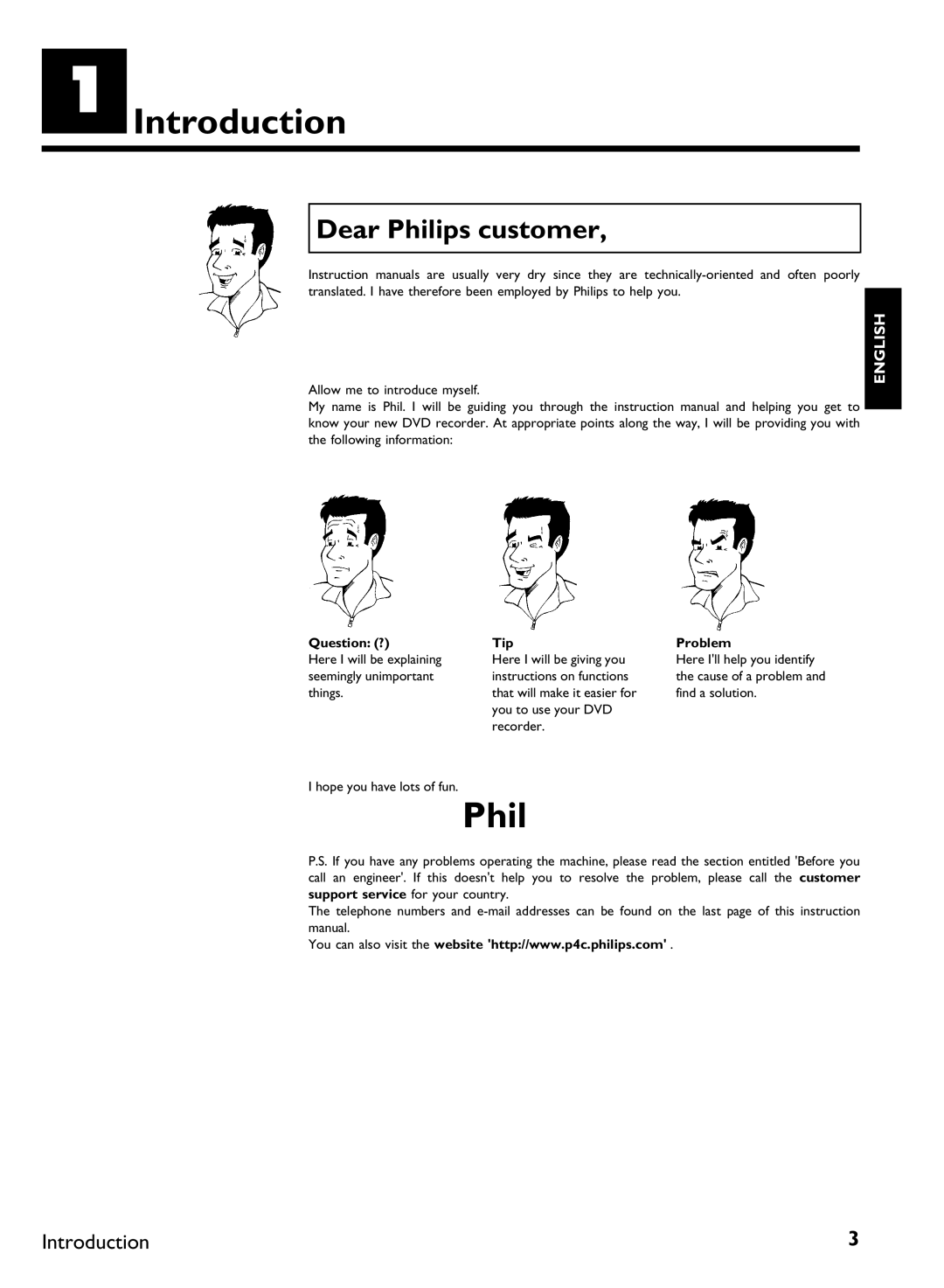 Philips DVDR 77/00, DVDR 77/02 manual AIntroduction, Dear Philips customer, Question ? Tip, Problem 