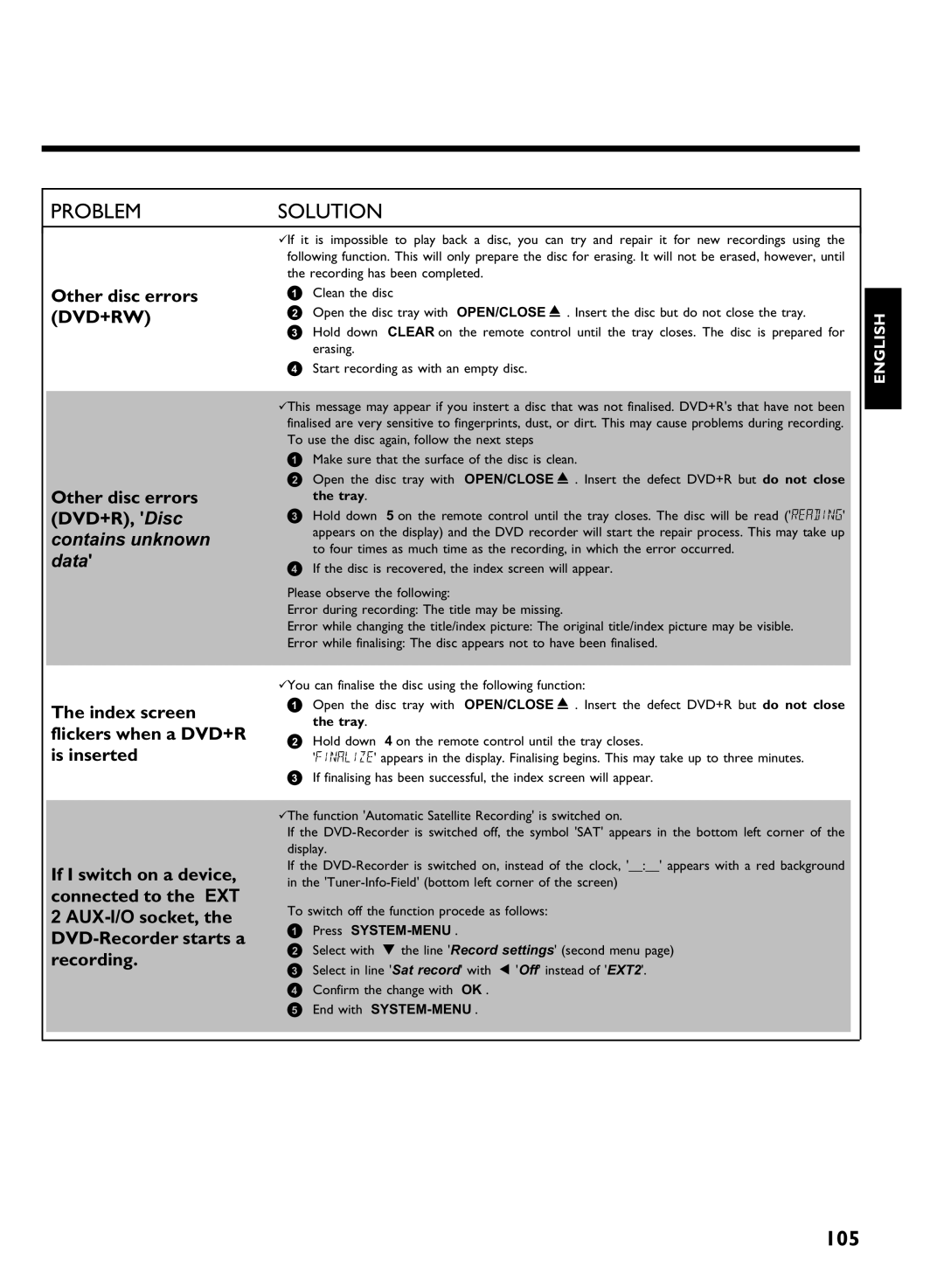 Philips DVDR 77/00 manual Other disc errors DVD+R, Disc contains unknown data, Press SYSTEM-MENU, End with SYSTEM-MENU 