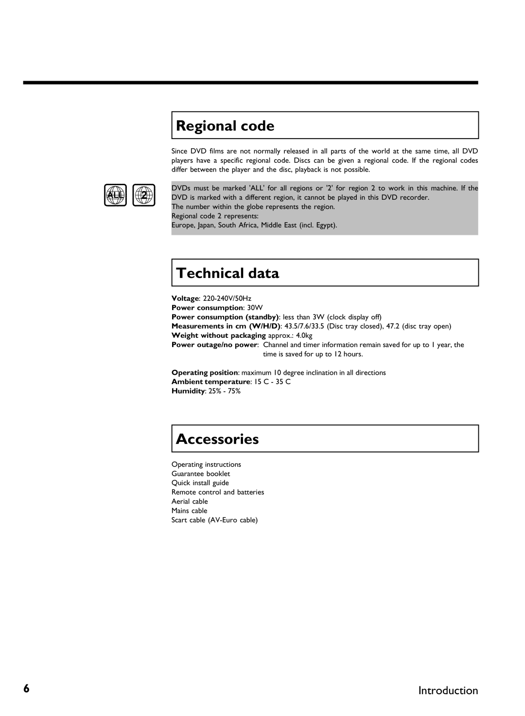 Philips DVDR 77/02, DVDR 77/00 manual Regional code, Technical data, Accessories 