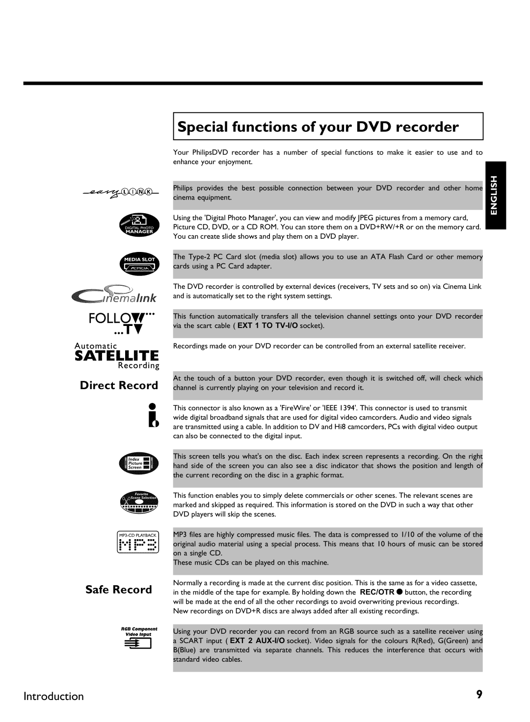 Philips DVDR 77/00, DVDR 77/02 manual Special functions of your DVD recorder 