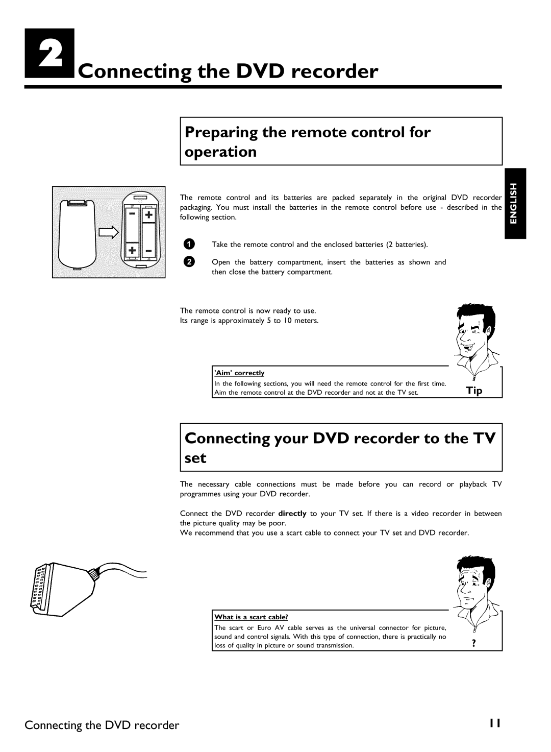 Philips DVDR 77/00, DVDR 77/02 BConnecting the DVD recorder, Preparing the remote control for operation, Aim correctly 