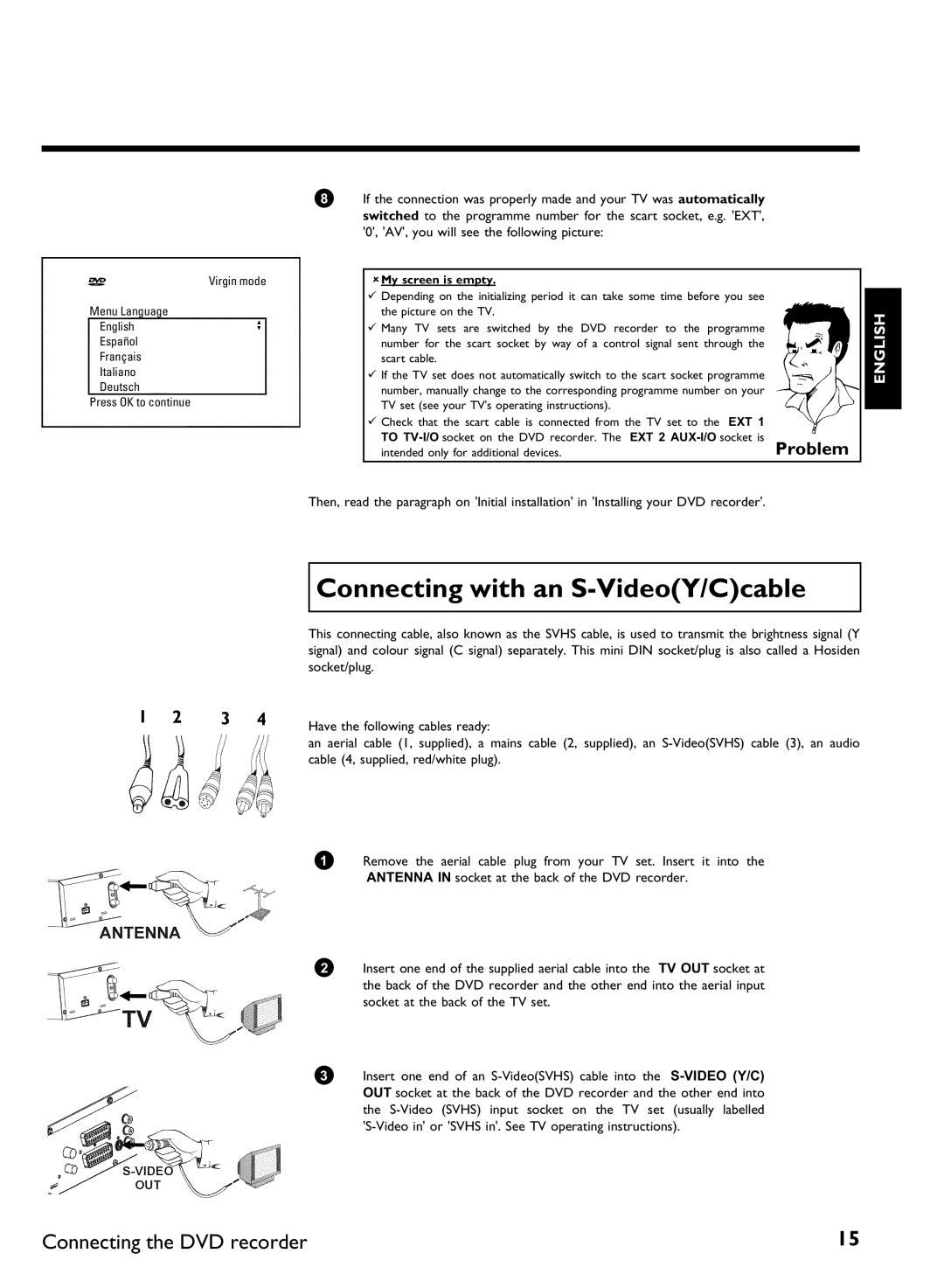 Philips DVDR 77/00, DVDR 77/02 manual Connecting with an S, AMy screen is empty 