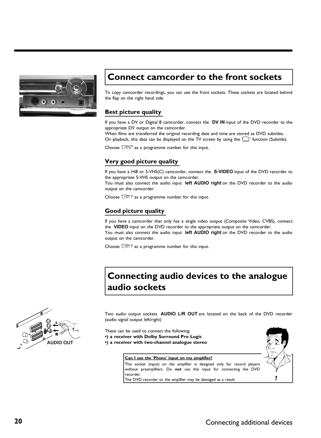 Philips DVDR 77/02 manual Connect camcorder to the front sockets, Connecting audio devices to the analogue audio sockets 