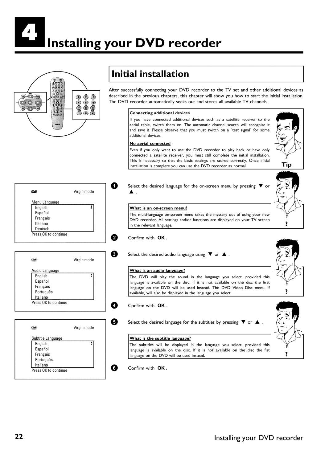 Philips DVDR 77/02, DVDR 77/00 manual DInstalling your DVD recorder, Initial installation, Confirm with OK 