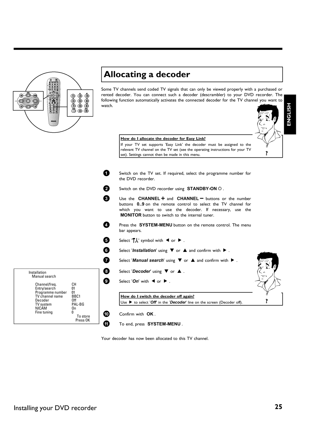 Philips DVDR 77/00, DVDR 77/02 manual Allocating a decoder, Watch, How do I allocate the decoder for Easy Link? 