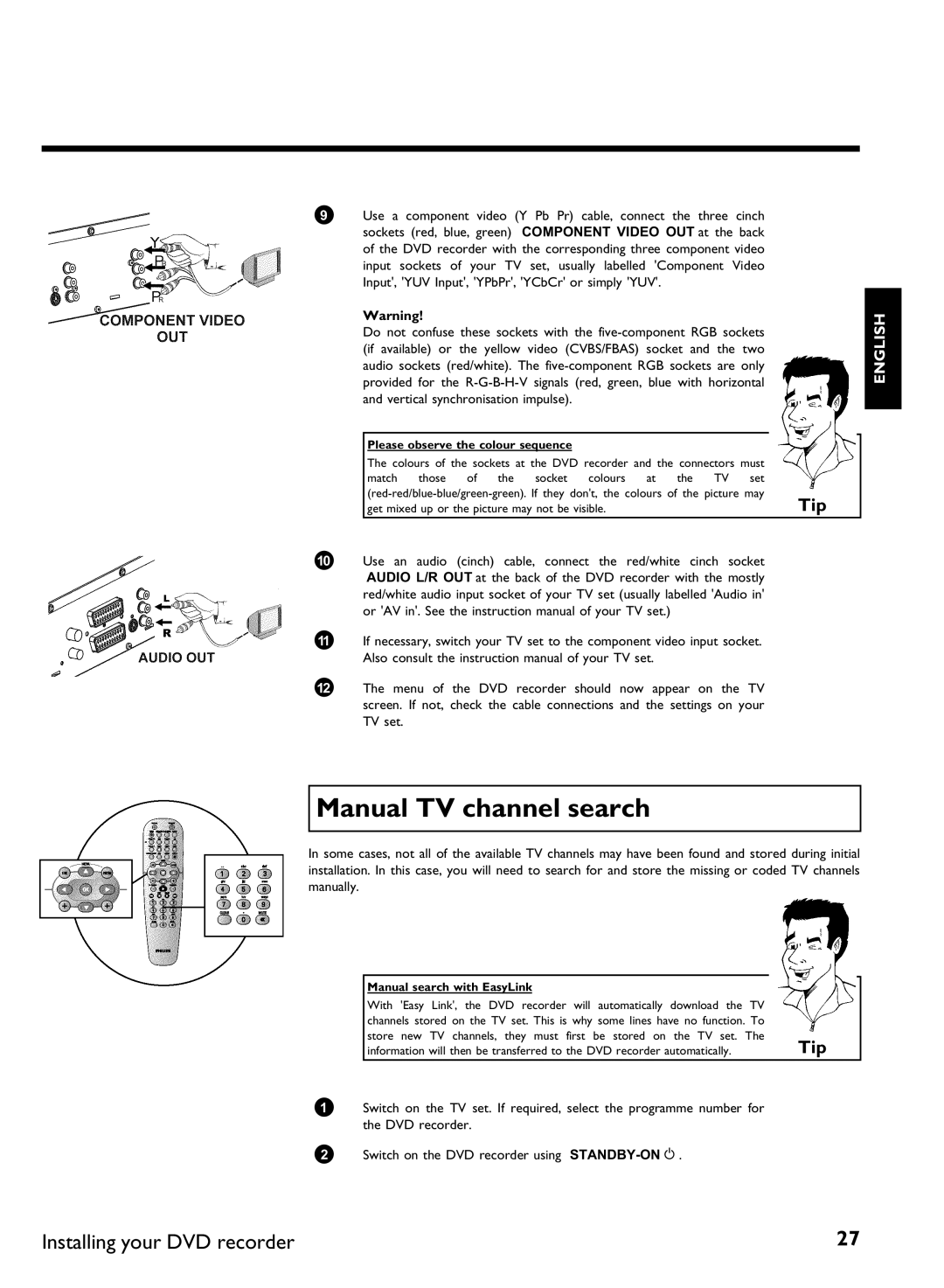 Philips DVDR 77/00, DVDR 77/02 Manual TV channel search, Please observe the colour sequence, Manual search with EasyLink 