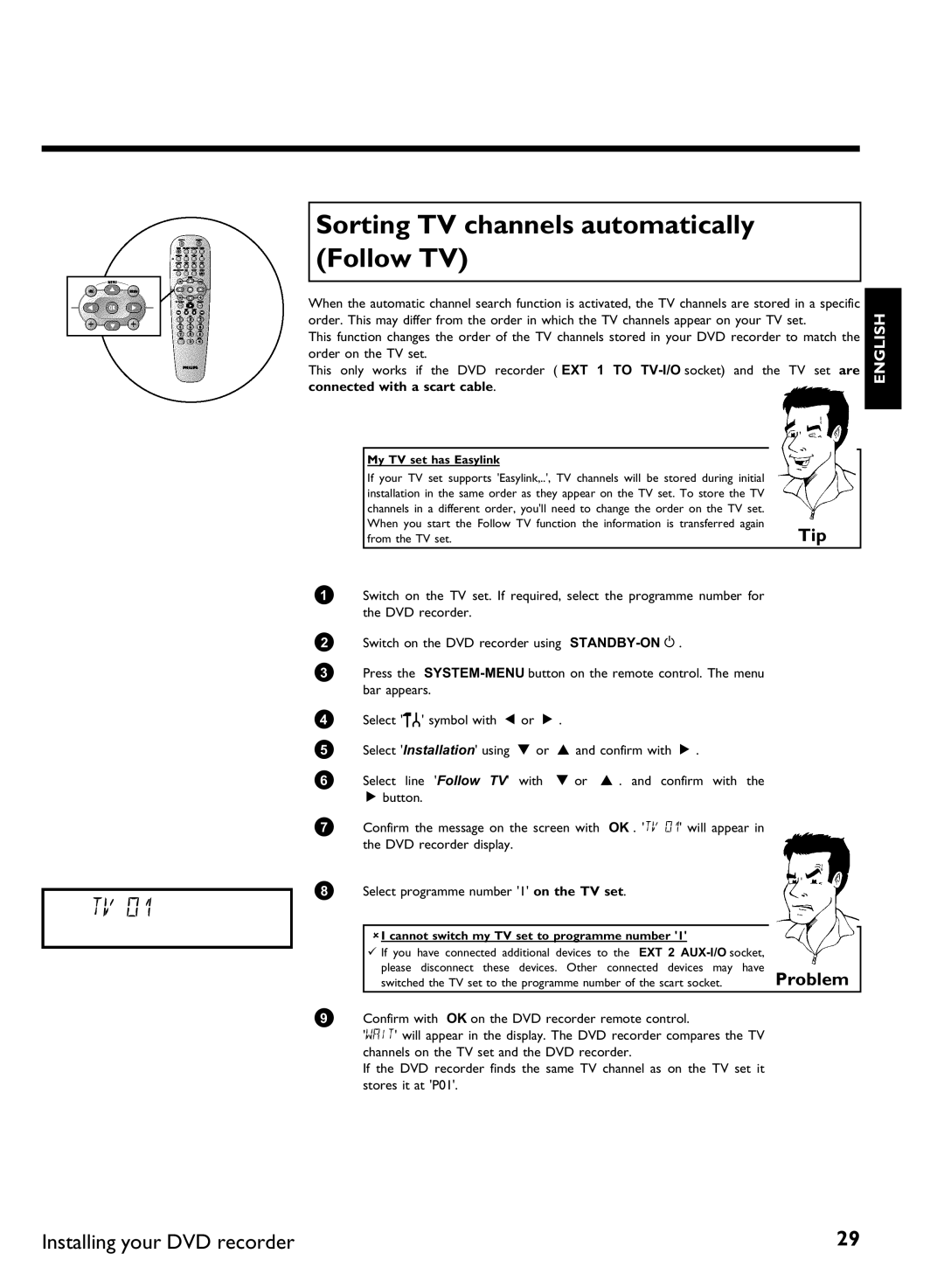 Philips DVDR 77/00, DVDR 77/02 manual Sorting TV channels automatically Follow TV, My TV set has Easylink 