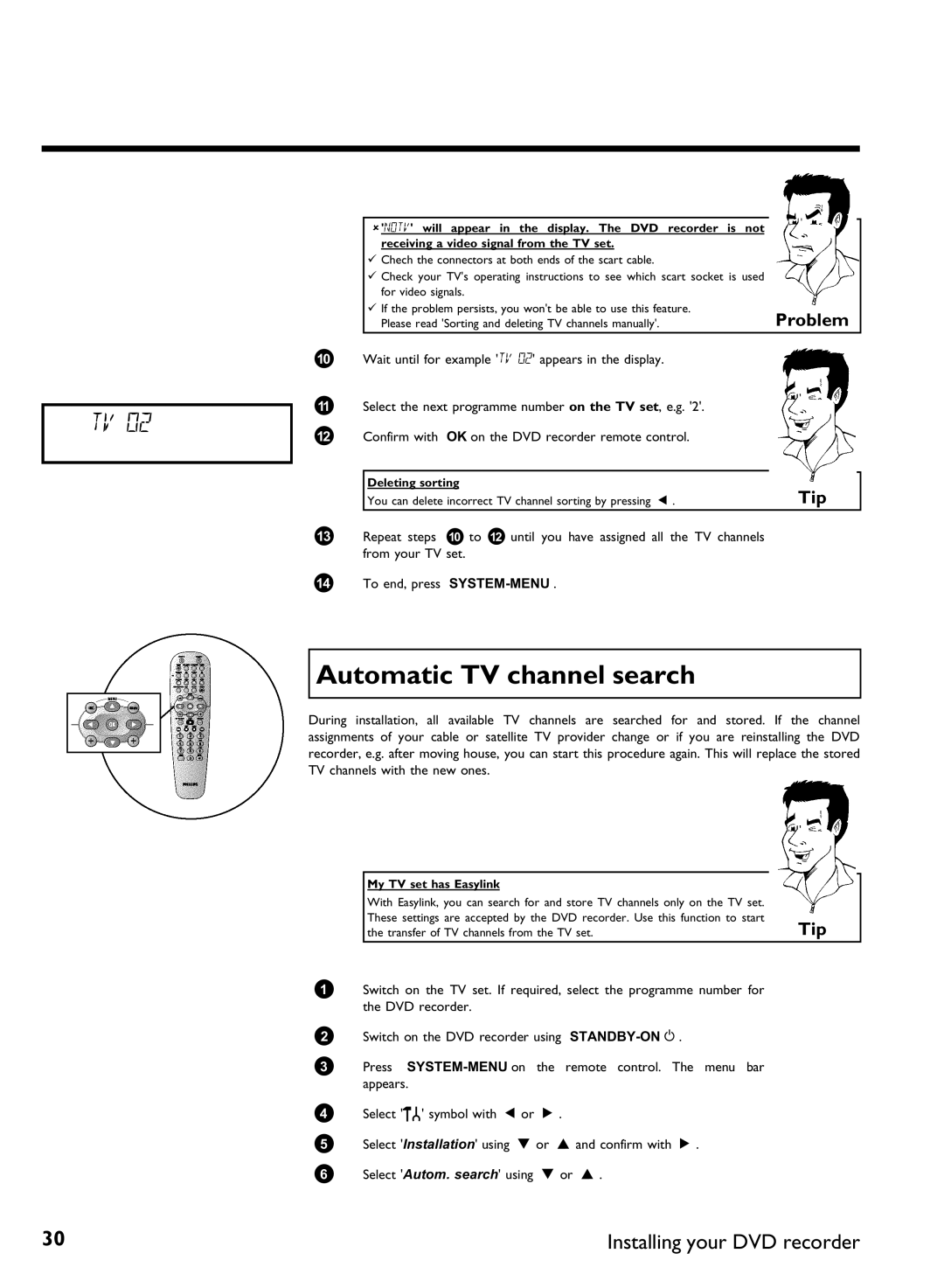 Philips DVDR 77/02, DVDR 77/00 manual Automatic TV channel search, Deleting sorting 