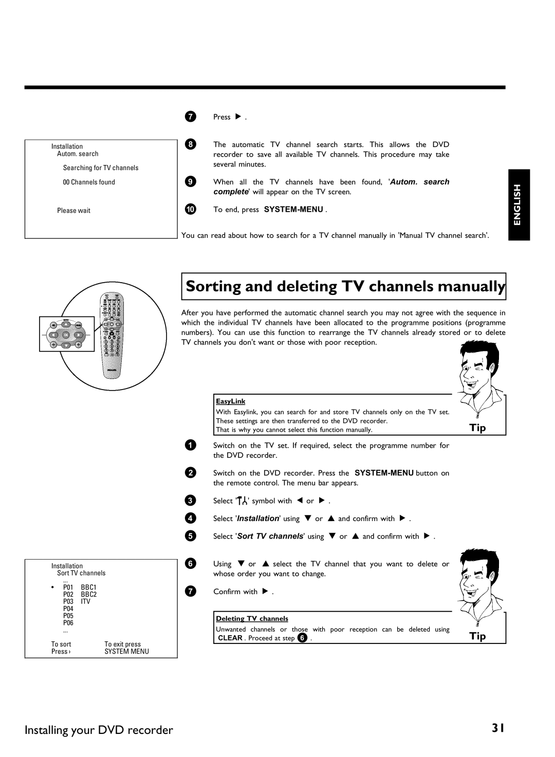 Philips DVDR 77/00, DVDR 77/02 Sorting and deleting TV channels manually 