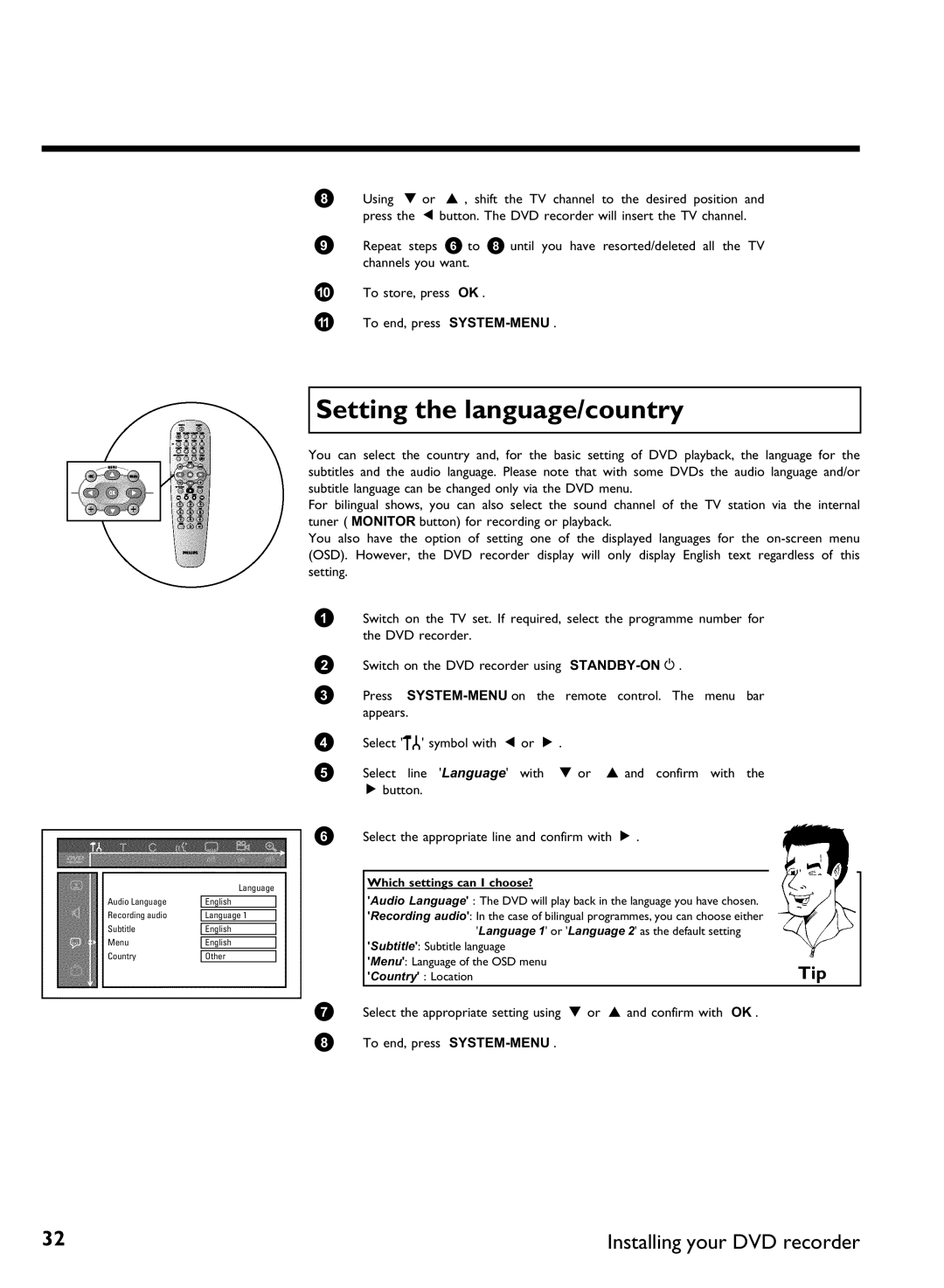 Philips DVDR 77/02, DVDR 77/00 manual Setting the language/country, Subtitle Subtitle language Menu Language of the OSD menu 