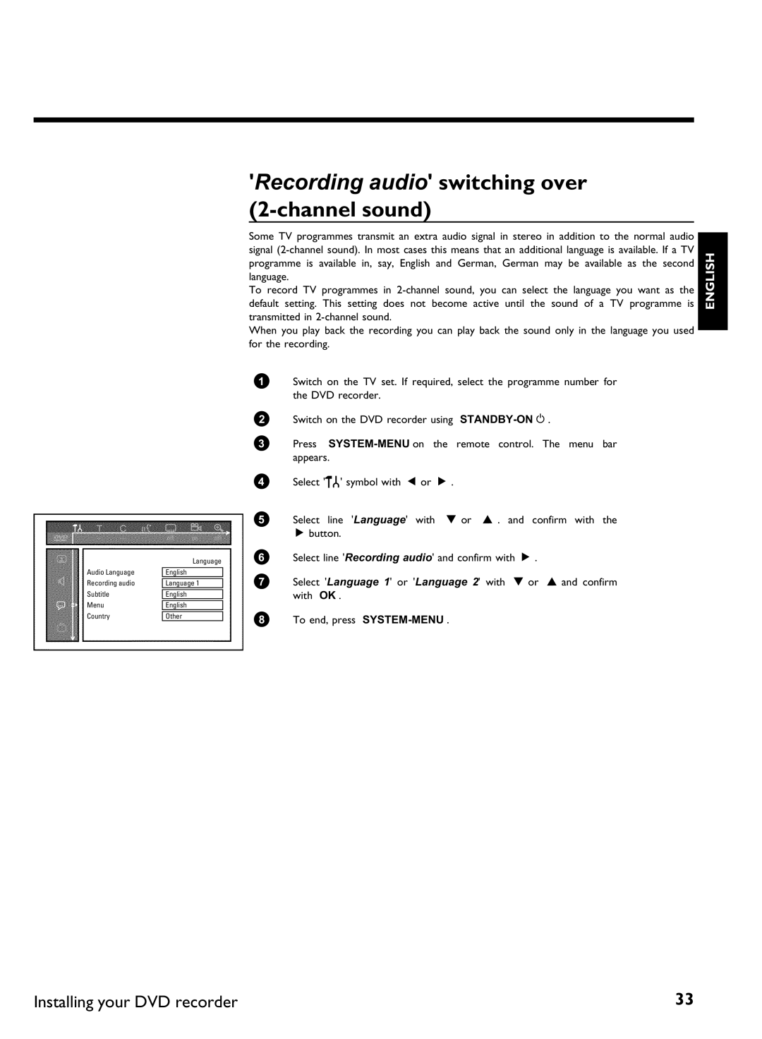 Philips DVDR 77/00, DVDR 77/02 manual Recording audio switching over 2 sound 