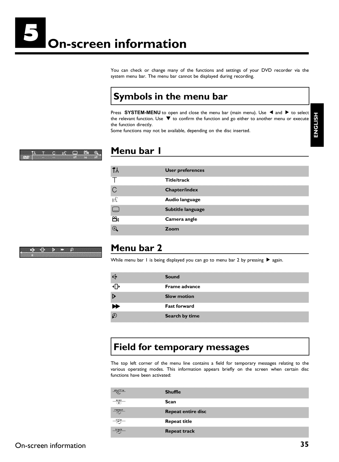 Philips DVDR 77/00, DVDR 77/02 manual EOn information, Symbols in the menu bar, Menu bar, Field for temporary messages 