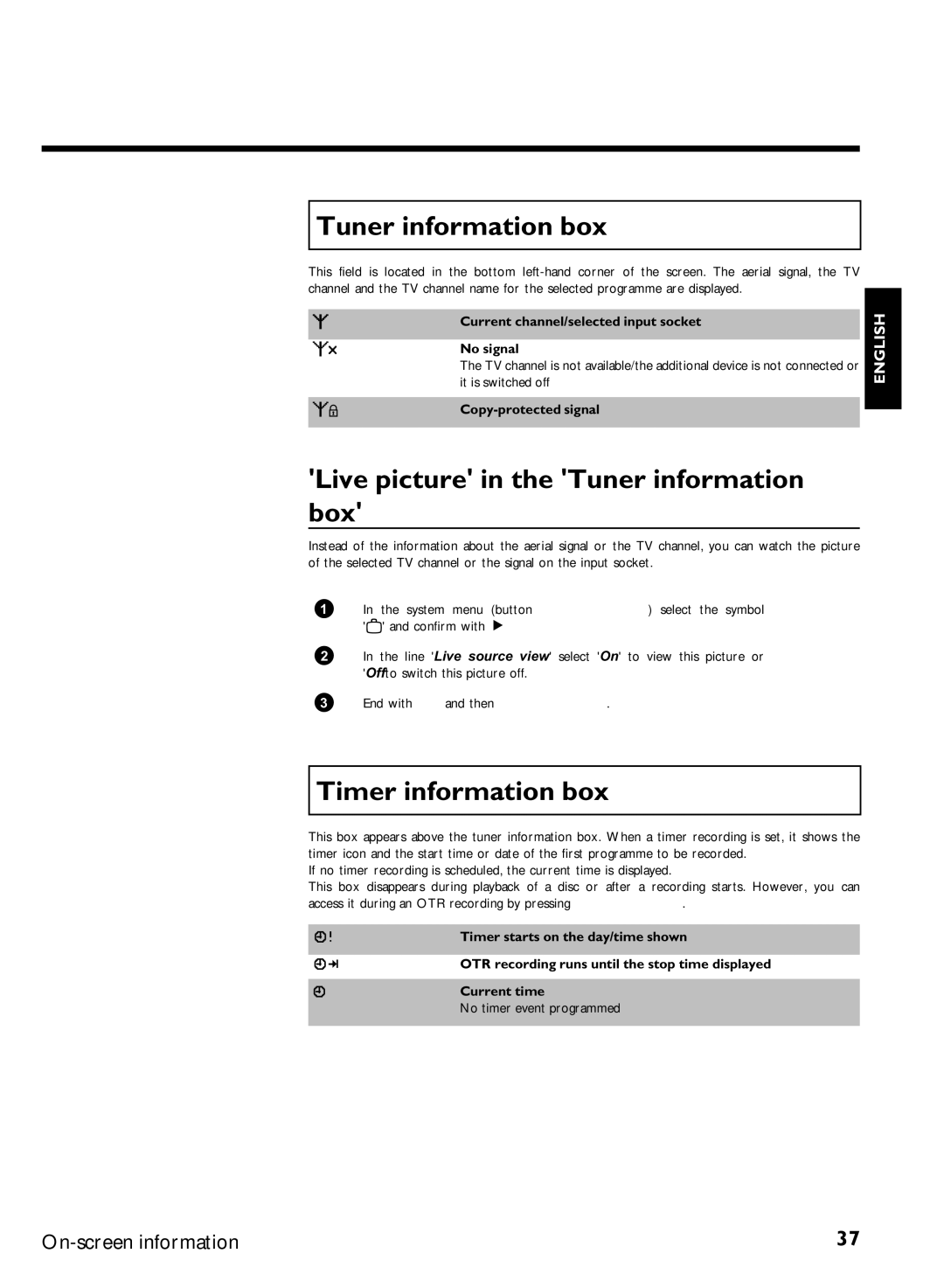 Philips DVDR 77/00, DVDR 77/02 manual Live picture in the Tuner information box, Timer information box 