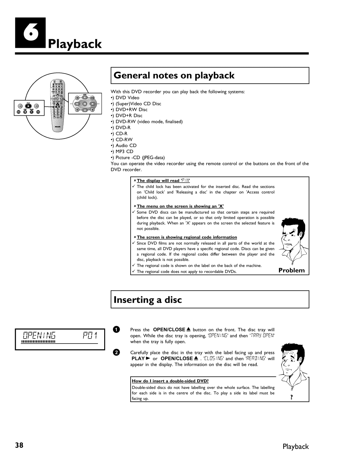 Philips DVDR 77/02, DVDR 77/00 manual FPlayback, General notes on playback, Inserting a disc 