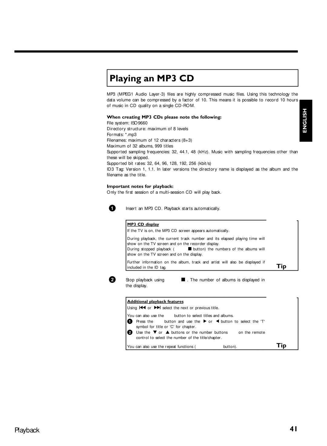 Philips DVDR 77/00 manual Playing an MP3 CD, When creating MP3 CDs please note the following, Important notes for playback 