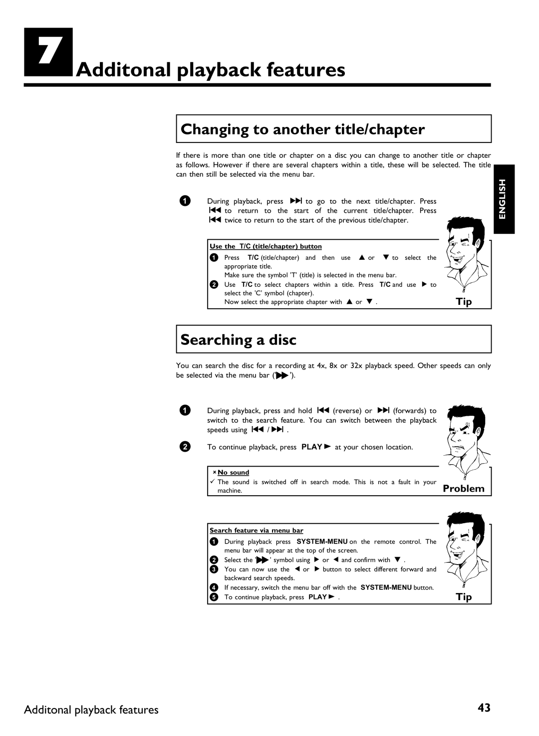 Philips DVDR 77/00, DVDR 77/02 manual GAdditonal playback features, Changing to another title/chapter, Searching a disc 