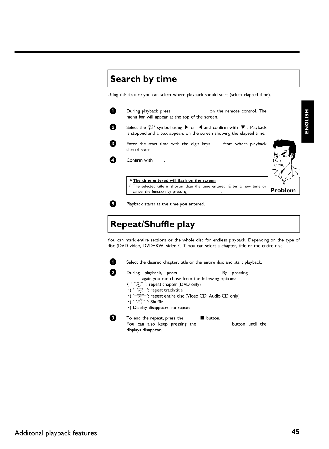 Philips DVDR 77/00, DVDR 77/02 manual Search by time, Repeat/Shuffle play, Playback starts at the time you entered 