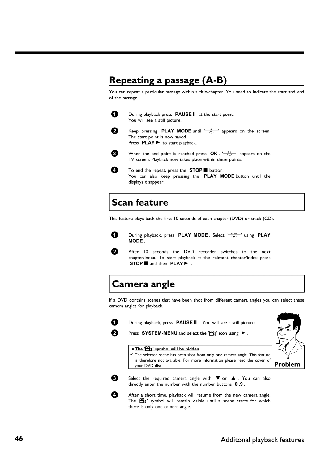 Philips DVDR 77/02, DVDR 77/00 manual Repeating a passage a, Scan feature, Camera angle, AThe F symbol will be hidden 