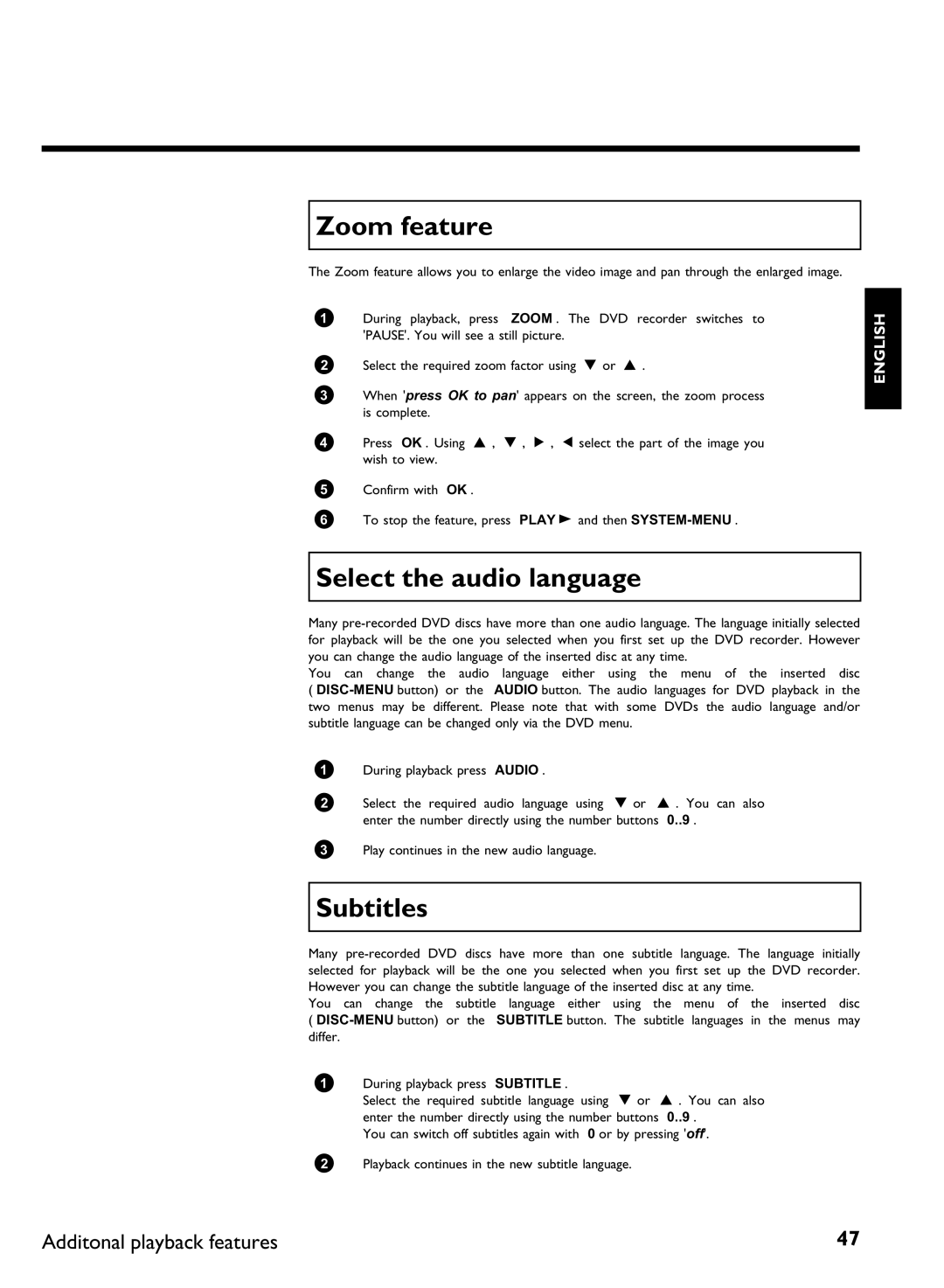 Philips DVDR 77/00, DVDR 77/02 manual Zoom feature, Select the audio language, Subtitles 