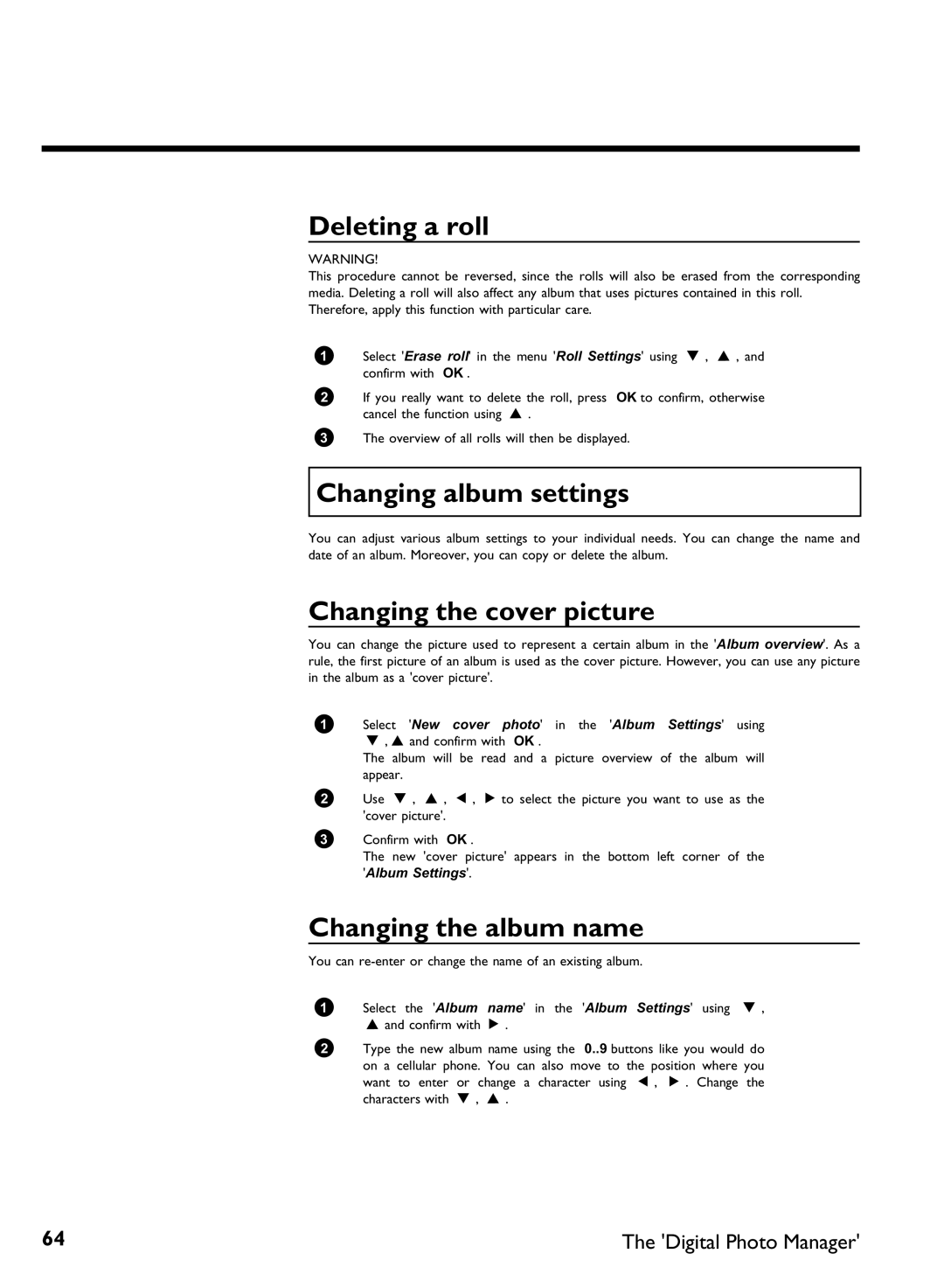 Philips DVDR 77/02 manual Deleting a roll, Changing album settings, Changing the cover picture, Changing the album name 